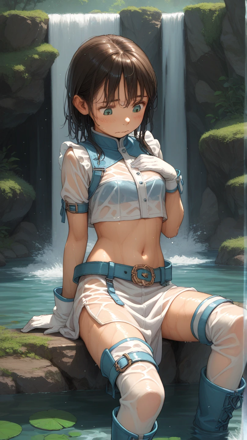 obra-prima, Qualidade superior, ultra high def, Max Resolution, Muito detalhado, Pele limpa, Anime, Corpo inteiro, Cabelo azul claro, Olhos amarelos,Rosto jovem, Menina de 13 anos, Roupa fina, Fluidos ???????, Deitada, Pernas abertas, Pernas esticadas, Molhada