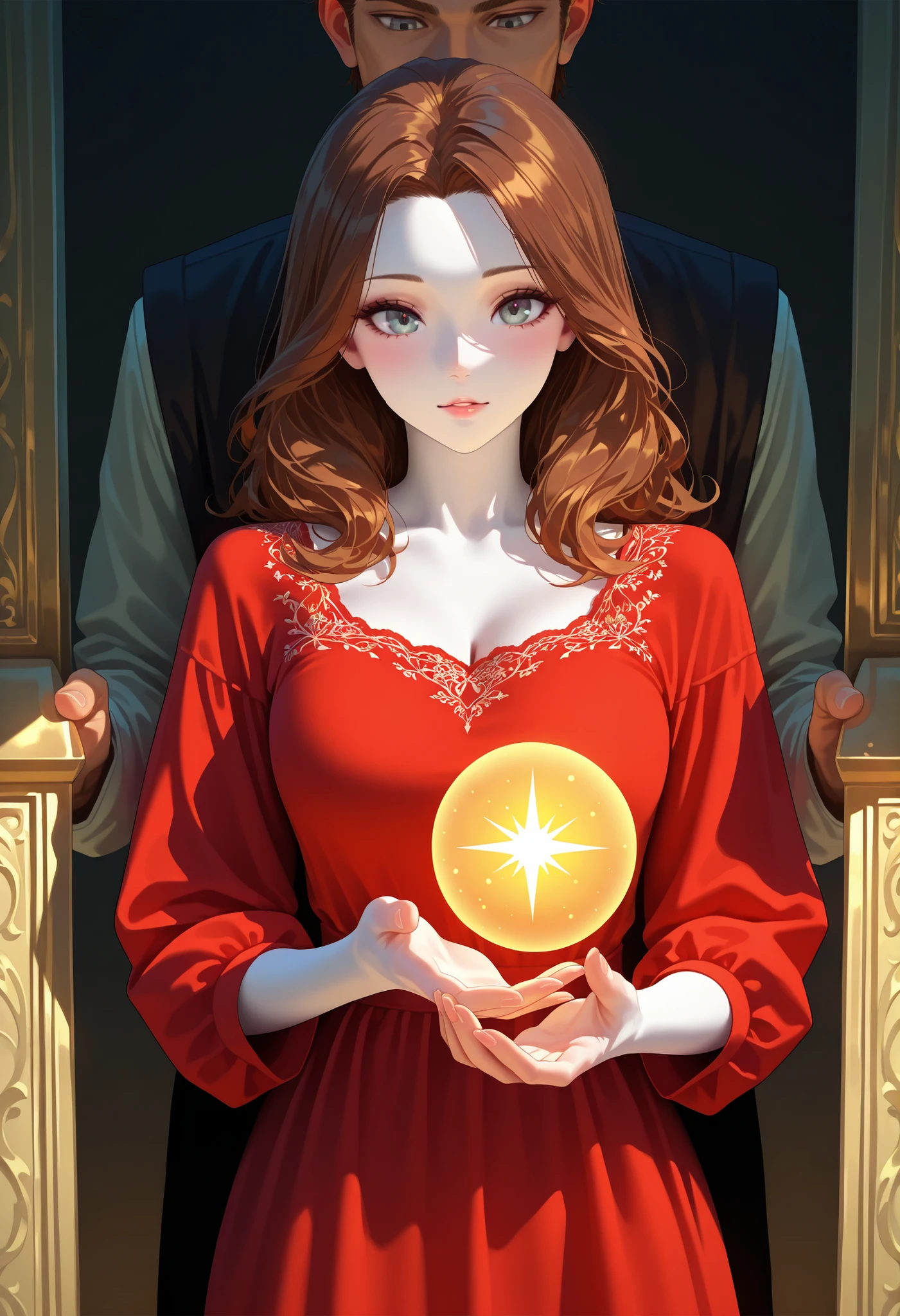 Girl, brown hair, gray eyes, calm features, white skin, handsome, perfect, masterpiece, wearing a dress with sleeves, bright colors, high quality resolution .