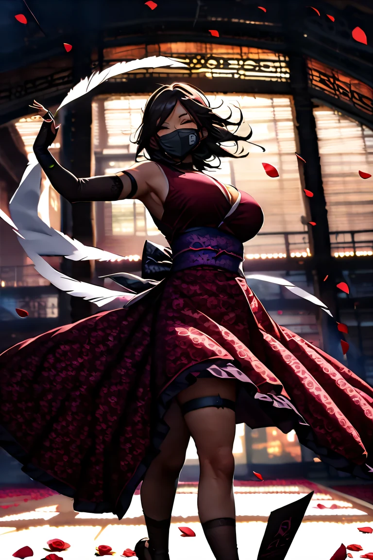 score_9_up,score_8_up,score_7_up,score_6_up,score_5_up,score_4_up,(((1 girl))),(((solo))),(pekomama),(((milf))), ninja,thick eyebrows, droopy eyes,(((mature female))),(((open eyes))),big breasts, bare shoulders,mask,mouth mask,covered mouth,ninja mask,japanese clothes,kimono,short kimono,obi,elbow gloves,fingerless gloves,gloves,hood,skirt,sandals,socks,black legwear,toes,thigh strap,,(((smile))),(((looking at viewer))),indoors,(((a lot of rose petals dancing in the wind:1.9))),at noon,cowboy shot,angle from below front,