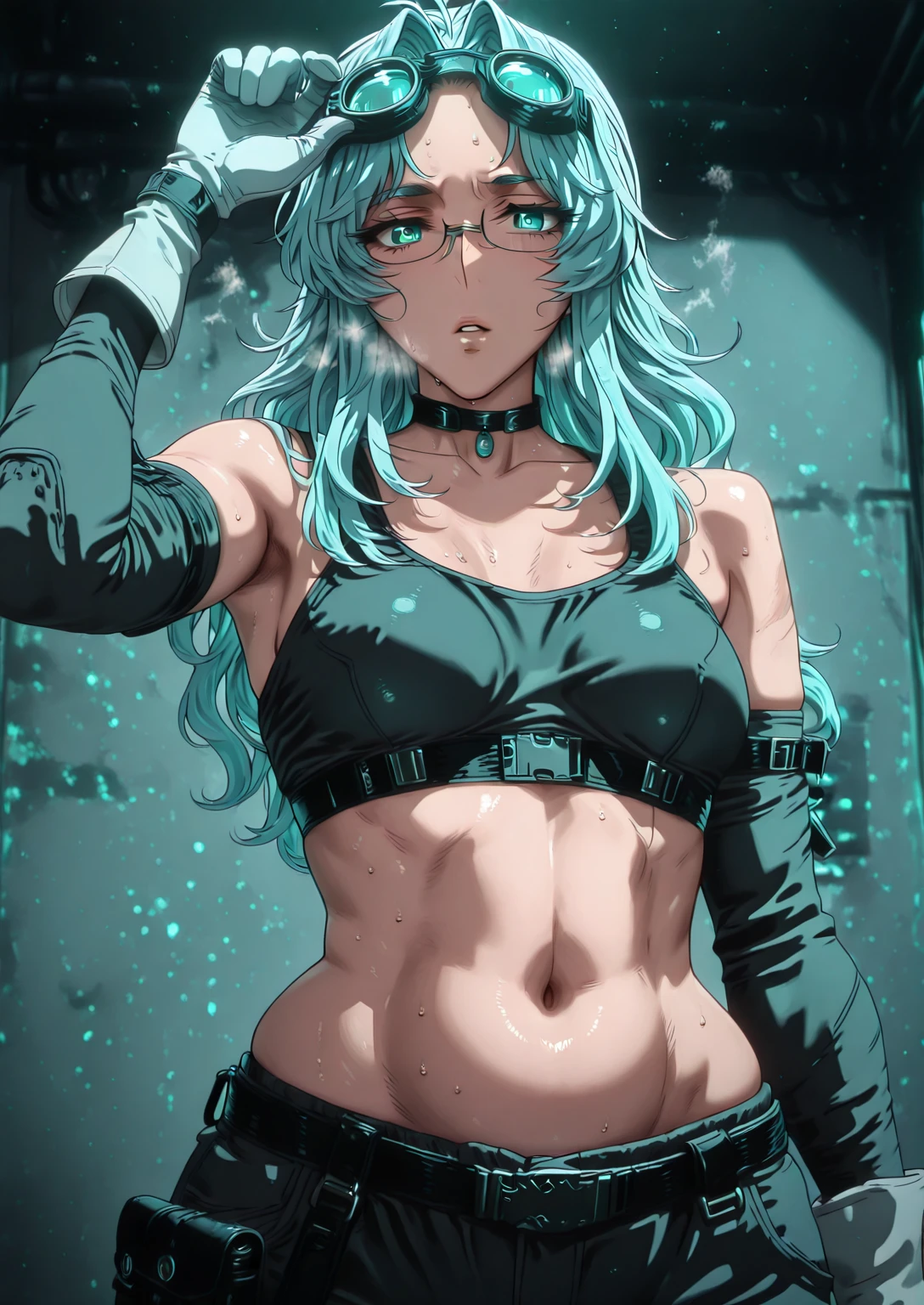 Hgk, (yoshio_(55level)-style:1.4), (imizu_(nitro_unknown)-style:1.5), (packge-style:1.2), (himadera-style:1.2), ((Cinematic, unreal engine, eye-catching, ambient occlusion, UHD, masterpiece)), ((perfect lighting, rim lighting)), comic, score_9, score_8_up, score_7_up, score_6_up, score_5_up, score_4_up, uncensored, detailed background, vignetting, masterpiece, Cinematic, high quality, absurdres, best quality, very aesthetic, newest, digital art, trending on ArtStation, ((anatomical correct)), perfect body, perfect eyes, perfect fingers, gasping, heavy breathing, gasping profusely, cinematic, ((skindentation)), ((curvy)), mature female, eva aesland, long hair, light-blue hair, aqua eyes, glasses, parted bangs, ((small breasts)), bright pupils, plump, 1girl, breasts, solo, goggles_on_head, gloves, goggles, navel, choker, looking_at_viewer, muscular_female, belt, grey_background, muscular, parted_lips, elbow_gloves, white_gloves, eyewear_on_head, collarbone, midriff, simple_background, tank_top, pants, bare_shoulders