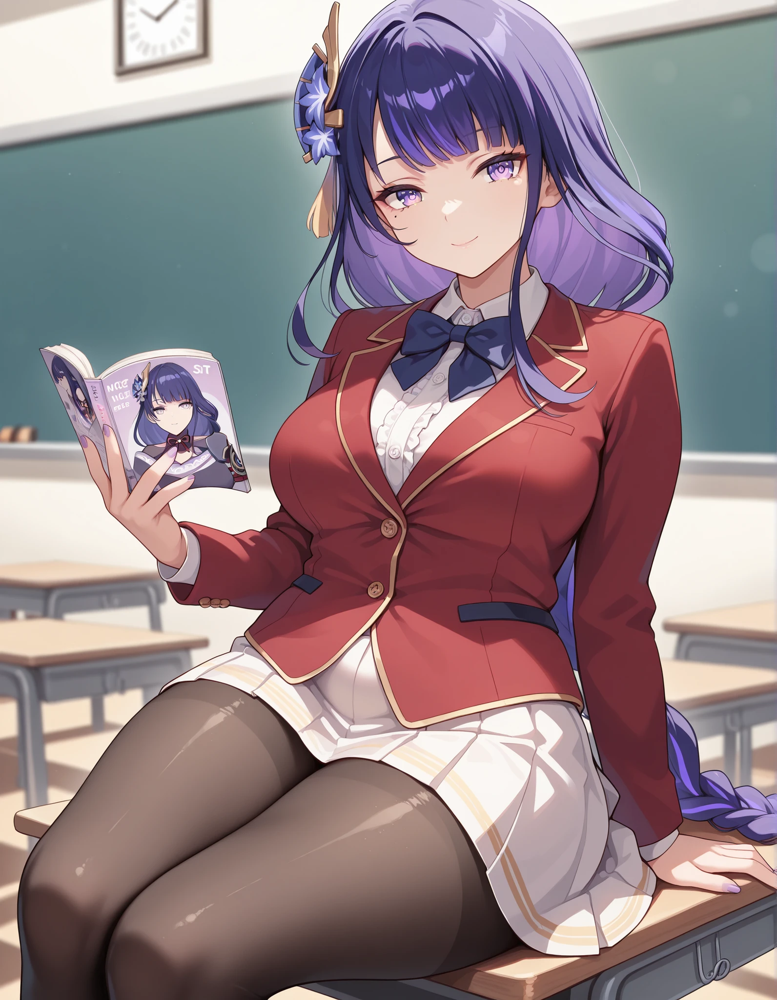 masterpiece, high quality, best quality, very aesthetic, absurd, raiden shogun, braids, long hair, one mole, one mole under the eye, purple eyes, purple hair, wearing a red blazer with yellow stripes, wearing a white shirt ,frill shirt, wearing a white skirt with black stripes, blue bowtie, wearing black stocking, beautiful purple eyes, long purple hair, smile face, sexy pose, solo woman, anatomical details,smile face ,glossy lips, indoor, best quality, nice eyes, solo woman, looking at the audience, plump thighs, perfect background, in classroom, classroom of the elite school uniform, black stocking, stocking, sit on chairs, reading book, alone in class