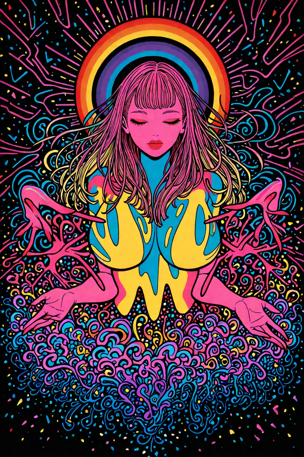  psychedelic horror, Trippy , body horror, , real breasts, surreal ,  trip, sensual, psychedelic , provocative, colorful, glowing
