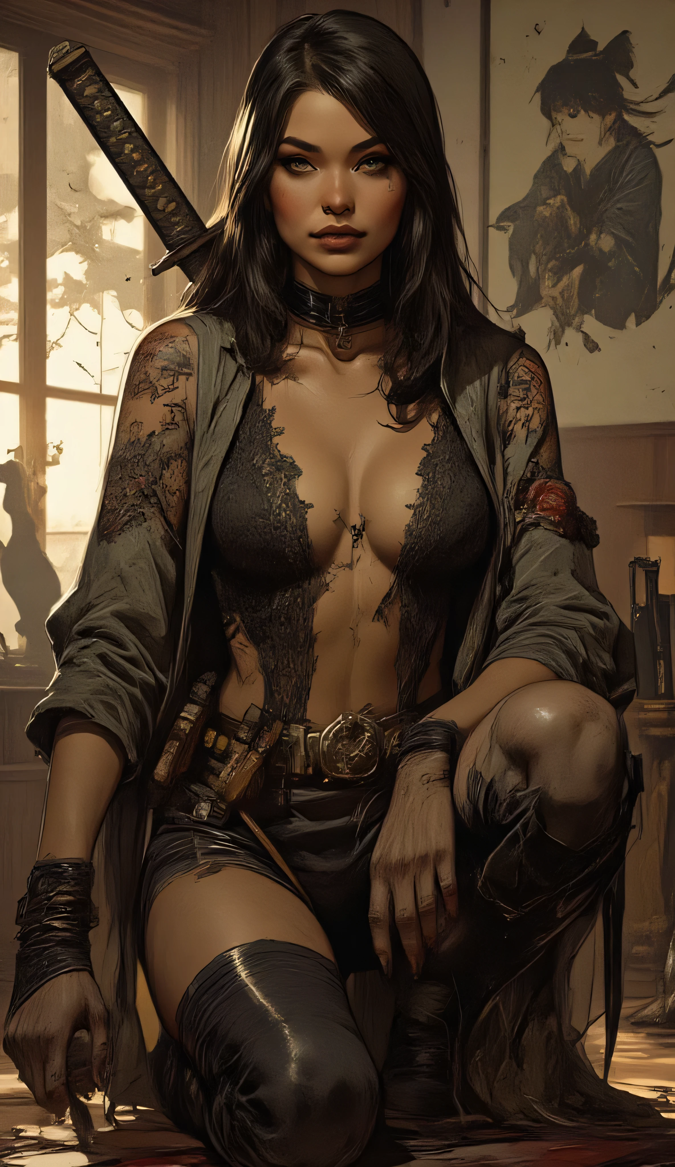 Comic sex art. Score_9, score_8_up, score_7_up, ((highest quality)), ((masterpiece)), (be familiar with), Perfect Face, (High definition), (Best Shadow), 8k, cinematic, (Re(masterpiece, best quality, raw photo, photorealistic, high resolution, exquisite details, reflection, HDR, 8K resolution, ray tracing), (soft lighting, studio shot, simple background, white background, blurred background, dynamic angle, bokeh background, rating_explicit, perfect hand according to anatomy, slim body beauty, sexy young girl, detailed face, erotic), Long straight hair, dressed in a revealing black lace outfit with a deep neckline, big , wearing a leather belt with cords, thigh-high boots, holding a katana, kneeling sexy pose, indoor setting with traditional Japanese-style wall art in the background, softly lit with warm tones, mysterious and intense atmosphere.
NSFW.