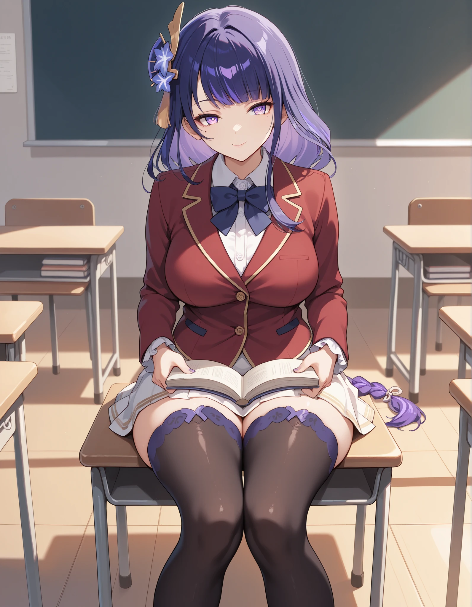 masterpiece, high quality, best quality, very aesthetic, absurd, raiden shogun, braids, long hair, one mole, one mole under the eye, purple eyes, purple hair, wearing a red blazer with yellow stripes, wearing a white shirt ,frill shirt, wearing a white skirt with black stripes, blue bowtie, wearing black stocking, beautiful purple eyes, long purple hair, smile face, sexy pose, solo woman, anatomical details,smile face ,glossy lips, indoor, best quality, nice eyes, solo woman, looking at the audience, plump thighs, perfect background, in classroom, classroom of the elite school uniform, black stocking, stocking, sit on chairs, reading book, alone in class