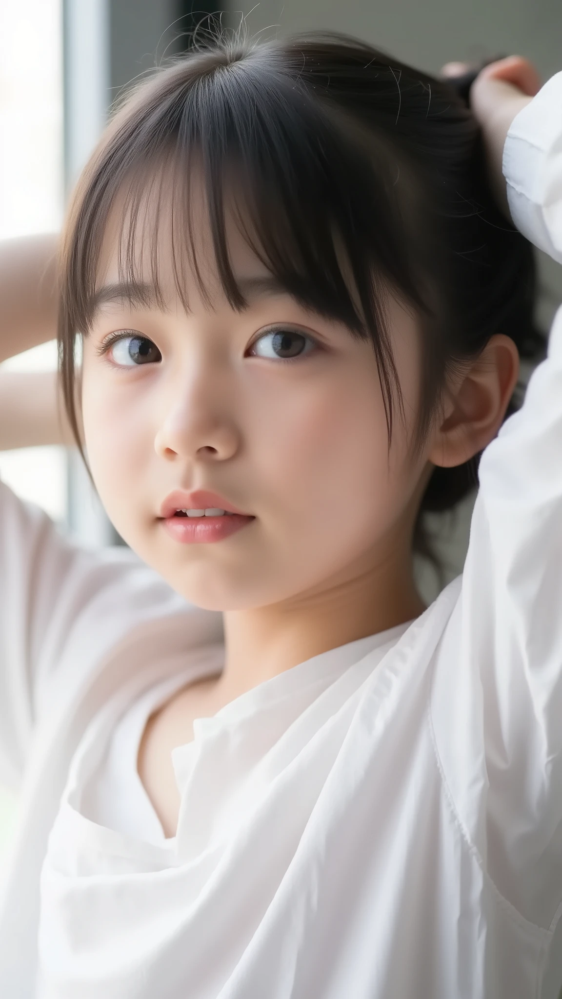 NSFW, (topless:1.8), nudity, big eyes、smile ヤン、sounds fun、black hair long twin tail that is backlit and looks beautiful through、my chest is open to the bottom of my stomach、I can see a button on my stomach、肌の露出がandても多い、The cutest middle school student in the world、    crosses her arms and arms above her head     、 Please Show Me Your Eyes  、big eyes、smile,(                 She's a Middle School Student                        、There are:1.8),(8k, Original Artwork, Highest Quality, masterpiece: 1.45), A Cup Breasts、and、symbol body、(Realistic, photoRealistic: 1.8), 8k,one girls, (a beauty girls, delicate girls:1.3), (14 years old:1.3),
BREAK, (shirtless in a white shirt:1.3),
BREAK, very fine resolution, (and I'm bandaging my symmetrical eyes:1.3),
BREAK, (Bedroom:1.3), 
BREAK, small breasts, brown eyes, parted bang, brown hair,  girls, nsfw, (topless:1.7)
BREAK, (目and顔の詳細:1.0),
BREAK, (masterpiece, Highest Quality, Super Detailed, detailed face, 8k)
Wide open breasts、
 the front of the shirt is open 、
Naked in shirts
,  Brush, I can see my beautiful belly button