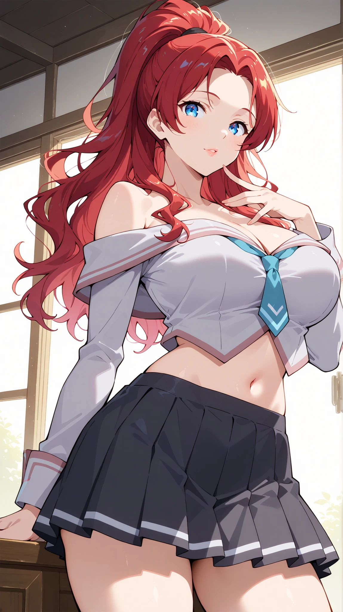 ((Imageworks Studio, Imagica Infos)) masterpiece , best quality , highly detailed , ultra high res , Score_9, Score_8_up, Score_7_up, perfect anatomy, detailed fingers, detailed eyes, cowboy shot, dutch angle, focus on face, masterpiece, detailed anime, Sharp Focus, lady, JK, detailed face, detailed blue eyes, pouting angrily, semi-long hair, crimson, high ponytail hair silky hair, forehead, sliced back hair, beautiful wavy hair, curious look, lips parted, joy in your eyes, navel, knee, nobility girl , big breasts (Magic school uniform off-the-shoulder blouse, long sleeves, black pleated skirt, low-cut medieval style) a huge school in the background