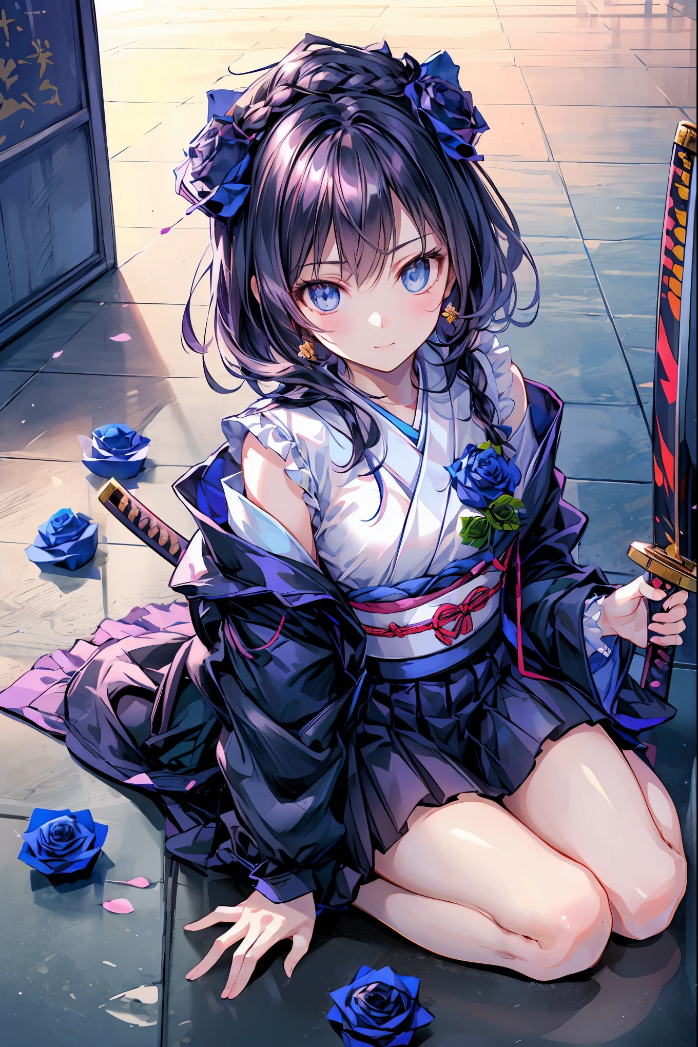 Highest Quality, face focus, soft lights, ultra high res, (photorealistic:1.4), A Japanese sword,(((((Japanese sword 1.2))))),Rose Assassin,(((((Blue roses are spread all over the floor:1.4))))), meteor、空から降り注ぐmeteor、無数のmeteor群、brown hair,shortcut to lay purple eggs,unkempt hair,Short braided hair,Neat,slender beauty,correct posture,small breasted,Beautiful legs,Her enchanting gray-blue eyes shine like stars,Saggy Eyes,bright colors,beautiful eyes,A delicate smile,Textured Skin,best quality,gentle and beautiful woman,anime style、seen from above, solo, cute, (pupil),(individual eye light), Motorcycle Rocket Cowl Modification, (Tiny Chest),(human skin texture high resolution detail), (Boro-Yado's Long Hair), Sit Couch, School Uniform, charcoal vest, skirt, (Upper Thigh)