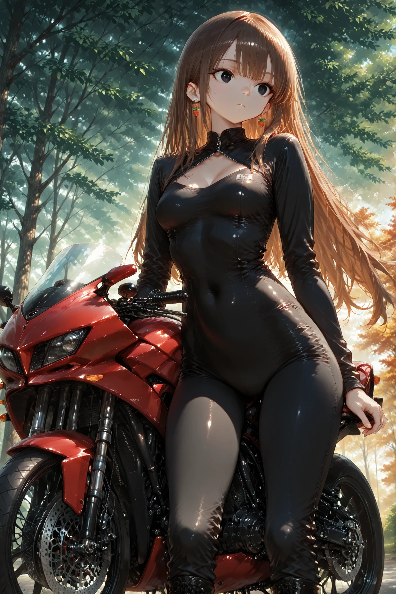 Shiny skin, Babe, character, masterpiece, best quality, ultra detailed, high resolution, 8k, caustics, super detailed skin perfect anatomy, dynamic lighting, elaborate eye depiction, beautiful detailed eyes, beautiful adult woman.
handsome face.
chestnut brown wavy long hair reaching back waist, extra long hair, voluminous hair.
extra sharp eyes, black eyes, eye highlights, long eyelashes.
slender body, very slim waist, waistline, curvy figure, slender figure, soft curves, tall body, 8 heads tall.
slim bady, medium breasts, busty.
dignified expression, grim face.
strawberry earrings.
typical mother appearance.
wearing a black leather rider jumpsuit, zipped front, snug fit emphasizing clean body lines, protective rider boots.
holding a glossy black jet helmet firmly under one arm, model-like poised stance.
two-shot composition with a red sports motorcycle beside her, entire motorcycle visible, metallic red body with polished chrome parts, realistic mechanical details.
wide outdoor parking lot with clean asphalt and clear perspective, crisp autumn light, distant foliage in red and orange hues softly blurred.
front view, upper knee view, slight three-quarter angle for the bike, magazine-shoot atmosphere, balanced prominence for woman and motorcycle.
thick outline, bold lineart, anime thick outline style, crisp contours, clear silhouette, environment thick outline, bold architectural outlines, thick foliage contours, uniform line weight across scene.