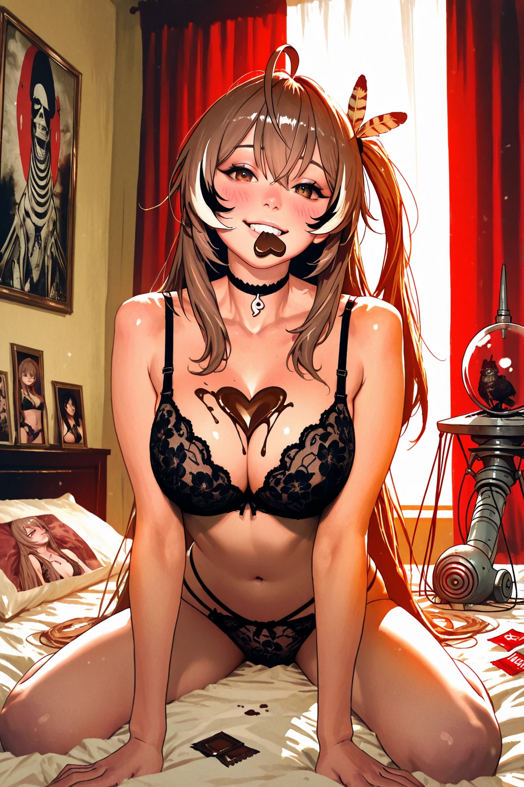 a Japanese girl, with short red curly hair, scabs on her face, laughing, doing an ?????? pose with her hands on her ???????, perfect body, big ?????, detailed curves, 8k, best quality, film lighting, detailed background, angle from above