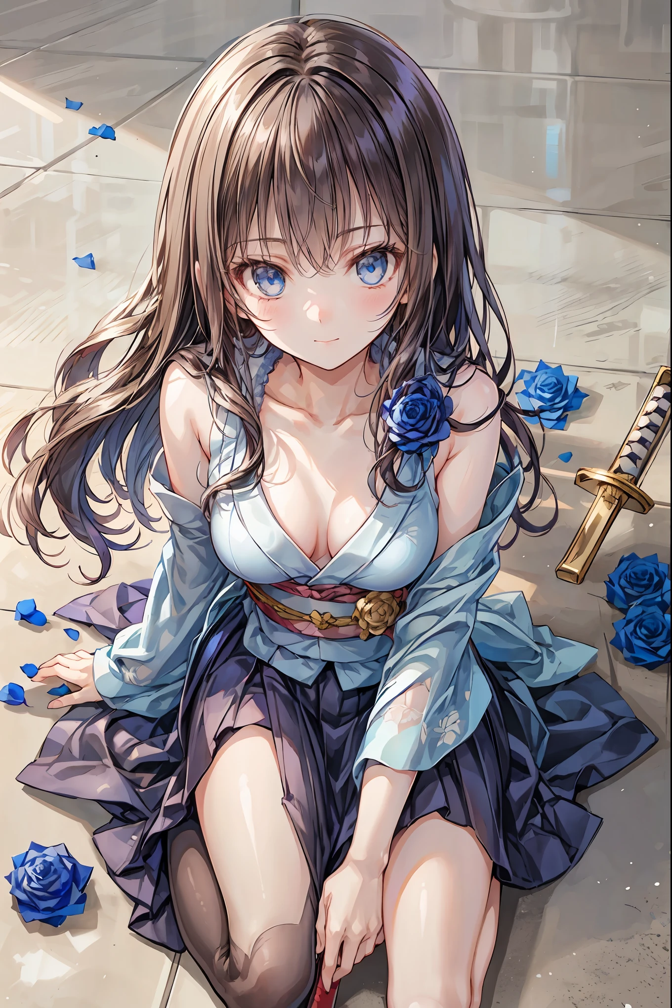 Highest Quality, face focus, soft lights, ultra high res, (photorealistic:1.4), A Japanese sword,(((((Japanese sword 1.2))))),Rose Assassin,(((((Blue roses are spread all over the floor:1.4))))), meteor、空から降り注ぐmeteor、無数のmeteor群、brown hair,shortcut to lay purple eggs,unkempt hair,Short braided hair,Neat,slender beauty,correct posture,small breasted,Beautiful legs,Her enchanting gray-blue eyes shine like stars,Saggy Eyes,bright colors,beautiful eyes,A delicate smile,Textured Skin,best quality,gentle and beautiful woman,anime style、seen from above, solo, cute, (pupil),(individual eye light), Motorcycle Rocket Cowl Modification, (Tiny Chest),(human skin texture high resolution detail), (Boro-Yado's Long Hair), Sit Couch, School Uniform, charcoal vest, skirt, (Upper Thigh)