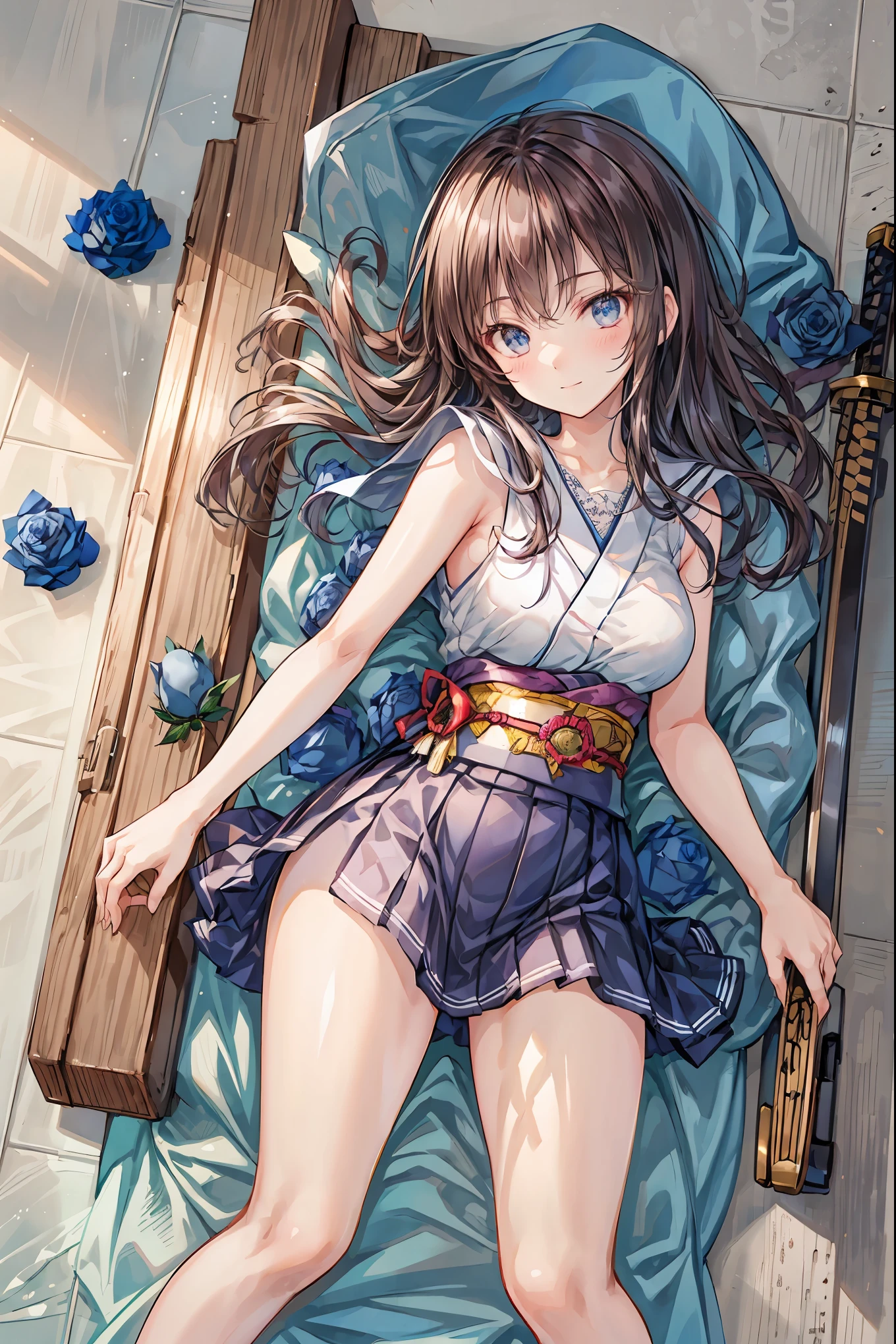 Highest Quality, face focus, soft lights, ultra high res, (photorealistic:1.4), A Japanese sword,(((((Japanese sword 1.2))))),Rose Assassin,(((((Blue roses are spread all over the floor:1.4))))), meteor、空から降り注ぐmeteor、無数のmeteor群、brown hair,shortcut to lay purple eggs,unkempt hair,Short braided hair,Neat,slender beauty,correct posture,small breasted,Beautiful legs,Her enchanting gray-blue eyes shine like stars,Saggy Eyes,bright colors,beautiful eyes,A delicate smile,Textured Skin,best quality,gentle and beautiful woman,anime style、seen from above, solo, cute, (pupil),(individual eye light), Motorcycle Rocket Cowl Modification, (Tiny Chest),(human skin texture high resolution detail), (Boro-Yado's Long Hair), Sit Couch, School Uniform, charcoal vest, skirt, (Upper Thigh)