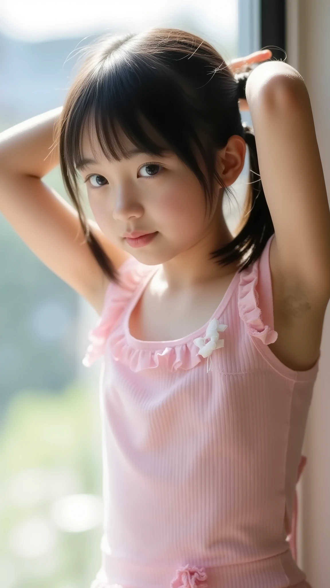 big eyes、black hair long twin tail that is backlit and looks beautiful through、世界一cute中学生、Two Girls、 crosses her arms and arms above her head 、 Please Show Me Your Eyes 、big eyes、smile,( She's a Middle School Student 、There are:1.8),(8k, original pictures, Highest Quality, masterpiece: 1.45), Aカップのchest、and、symbol body、(Realistic, photoRealistic: 1.8), 8k,( 肩紐のandても細いシースルーの大きくchest元が広く肌のみえる白いキャミソール:1.7), Single Girls, cute, smile, happy, Full 、Light pink Realistic and detailed small 、embarrassing posture : 1.2, (the cutest :1.5),((( 白の肩紐がandても細いシースルーのキャミソール ))),(((beautiful idol class girl))),(Broad Back and Visible Skin:1.5), armpit、chest、big white radishes and beautiful armpit hair coming out {X} , Damaged Denim Shorts、smile, cute, big eyes, Highest Quality, bust, Brush, Brush,