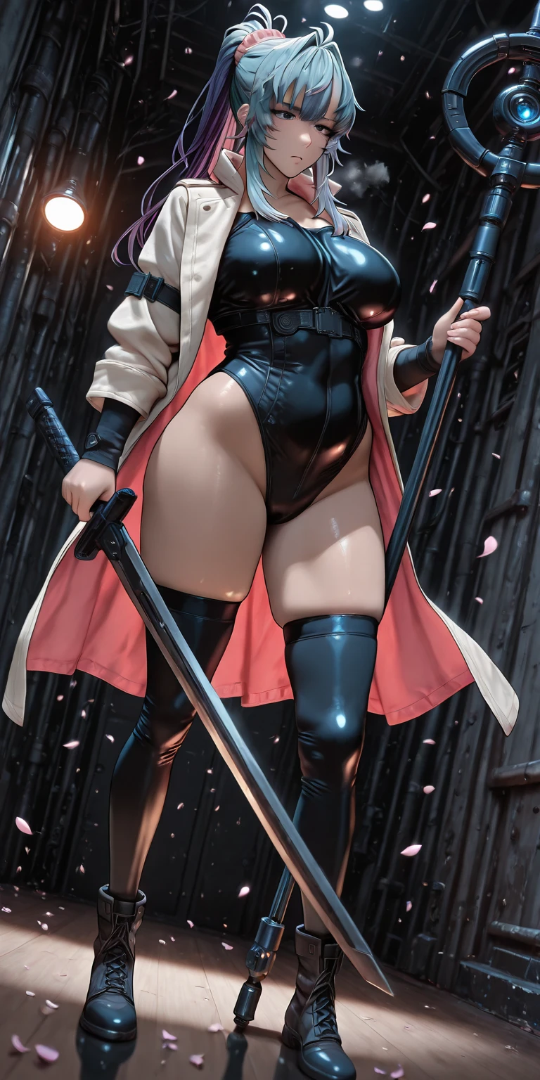 Hgk, (yoshio_(55level)-style:1.4), (imizu_(nitro_unknown)-style:1.5), (packge-style:1.2), (himadera-style:1.2), anime coloring, ((Cinematic, unreal engine, eye-catching, ambient occlusion, UHD, masterpiece)), ((perfect lighting, dim lighting)), comic, score_9, score_8_up, score_7_up, score_6_up, score_5_up, score_4_up, uncensored, detailed background, vignetting, high quality, absurdres, best quality, very aesthetic, newest, digital art, trending on ArtStation, ((anatomical correct)), perfect body, perfect eyes, perfect fingers, gasping, heavy breathing, gasping profusely, ((skindentation)), ((curvy)), high ponytail, long hair, multicolored hair, light blue hair, purple hair, purple eyes, mole under eye, hair scrunchie, pink scrunchie, plump, 1girl, staff, holding staff, sword, holding sword, falling petals, zettai ryouiki, bokeh, spotlight, reflective floor, dusk, leotard,