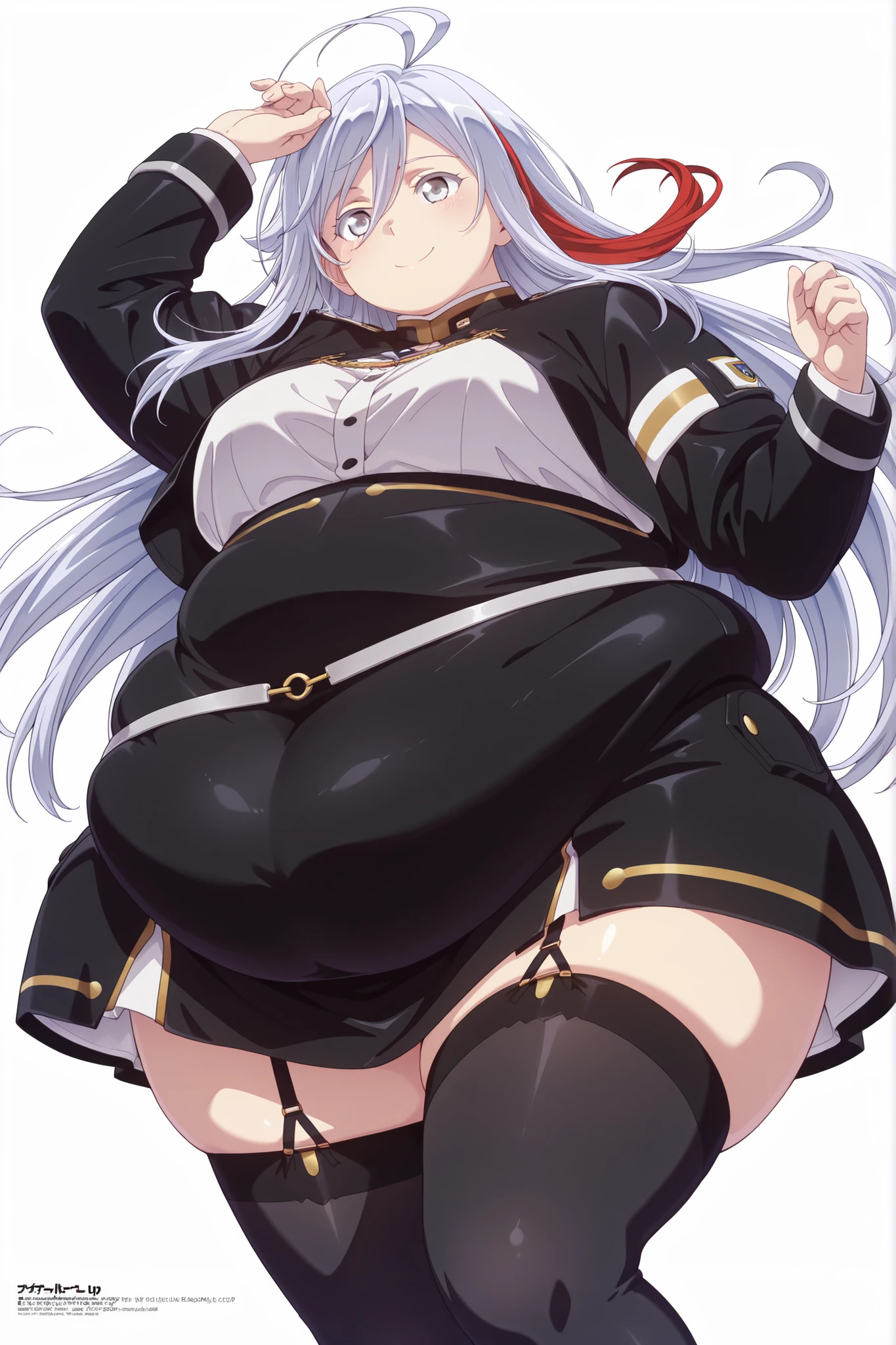 plump,obese,hyper fat,hyper obese,WeightImmobile,score_9,score_8_up,score_7_up,extremely detailed,ultra-detailed,official art,professional lighting,masterpiece,top quality,great quality,very beautiful,absurd,latest,best quality,4K.1 girl,「86-EIGHTY-SIX」,Vladilena Milizé,silver long hair,ahoge,silver eyes,medium breasts,pretty.smile,black military uniform, garter straps, thighhighs, high-waist skirt, shirt, long sleeves, cropped jacket, zettai ryouiki, red hair, multicolored hair, streaked hair, full white background, from above