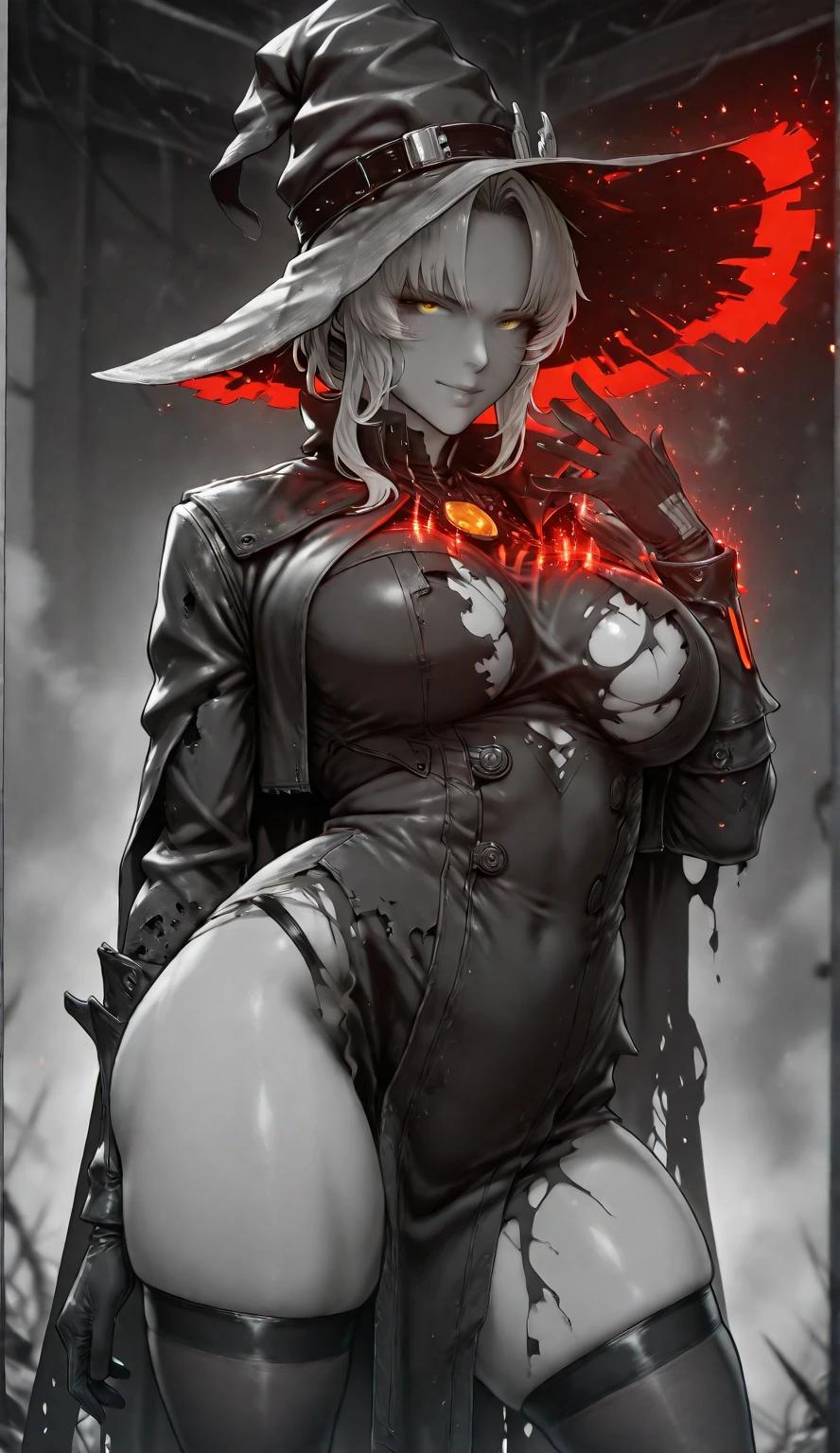 Hgk, (yoshio_(55level)-style:1.4), (imizu_(nitro_unknown)-style:1.5), (packge-style:1.2), (hiiragi_yuuichi-style:1.2) ((anatomical correct)), vignetting, fog, ((monochrome, greyscale, manga-style, spot colors, yellow eyes)), (lineart:1.2), (digital dissolve:1.2), perfect body, perfect eyes, perfect fingers, gasping, heavy breathing, gasping profusely, ((skindentation)), ((curvy)), Murata Himeko, short hair,messy hair,hair up,single hair bun,hair one side up,forehead,parted bangs,yellow eyes, plump, 1girl, hat, solo, witch_hat, breasts, torn_clothes, dress, looking_at_viewer, witch, thighhighs, gloves, thighs, black_dress, thick_thighs, spikes, black_gloves, black_thighhighs, closed_mouth, cape, makeup, wide_hips, jewelry, gothic, (disintegration clothes:1.2), smug