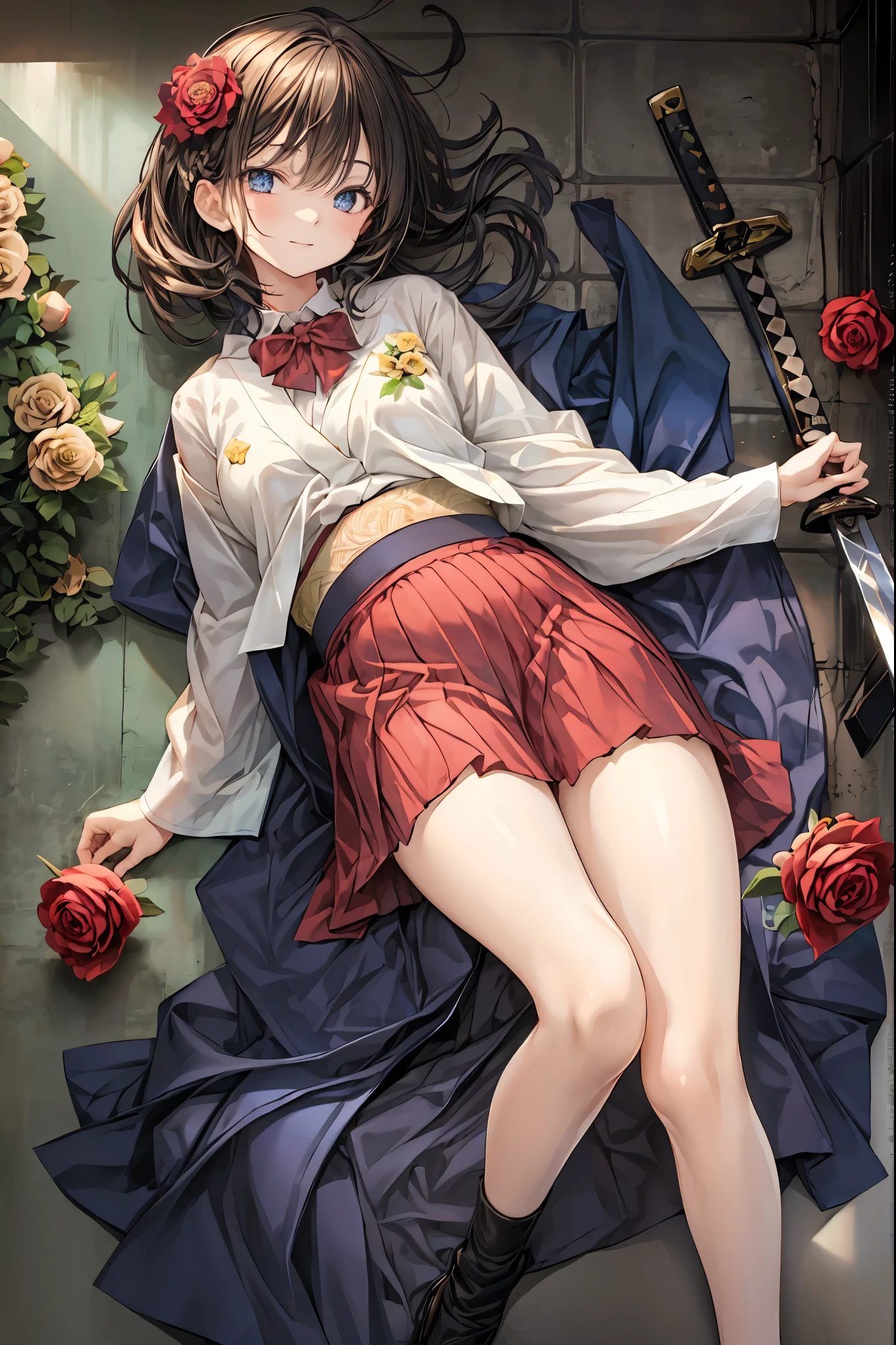 Highest Quality, face focus, soft lights, ultra high res, (photorealistic:1.4), A Japanese sword,(((((Japanese sword 1.2))))),Rose Assassin,(((((Blue roses are spread all over the floor:1.4))))), meteor、空から降り注ぐmeteor、無数のmeteor群、brown hair,shortcut to lay purple eggs,unkempt hair,Short braided hair,Neat,slender beauty,correct posture,small breasted,Beautiful legs,Her enchanting gray-blue eyes shine like stars,Saggy Eyes,bright colors,beautiful eyes,A delicate smile,Textured Skin,best quality,gentle and beautiful woman,anime style、seen from above, solo, cute, (pupil),(individual eye light), Motorcycle Rocket Cowl Modification, (Tiny Chest),(human skin texture high resolution detail), (Boro-Yado's Long Hair), Sit Couch, School Uniform, charcoal vest, skirt, (Upper Thigh)