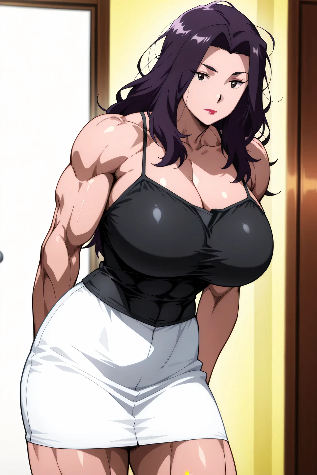 score 9 , score 8 up, score 7 up, source anime, 傑作, best quality, best image quality, best resolution, anime coloring, anime screencap, anime screenshot, 1woman, Close-up of a woman with long purple hair, muscular and strong, makeup, messy hair, lipstick, wavy hair, parted bangs, muscular and strong, brown eyed woman, (aged up,24 year old), solo, huge breasts, strong muscles, クラシック woman, huge breasts, strong muscles, very large breasts, made by an anime artist, huge boobs, wearing white tight skirt, outfit:pitch black camisole, biceps, biceps long head, biceps short head, triceps, triceps medial head, triceps lateral head, triceps long head, brachioradialis, deltoids, anterior deltoids, middle deltoids, posterior deltoids, thigh muscles, semitendinosus muscles, hamstrings, adductor magnus muscles, collarbone, trapezius, plain camisole, woman ロマンス, (pitch black camisole:1.5), official anime style, basic camisole, no bra, muscular woman, skin tight tank top, muscular and feminine, 魅力的なアニメの女性, very tall woman, camisole underwear, toned body, adult sexy appeal, wearing a white tight skirt, アニメチンコ!!!!, (white tight skirt:1.5), camisole with an pitch black, tight skirt with an white, bare shoulders, bare arms, bare legs, tank top and tight skirt only, cowboy shot, looking at viewer, female focus, Placed in front,