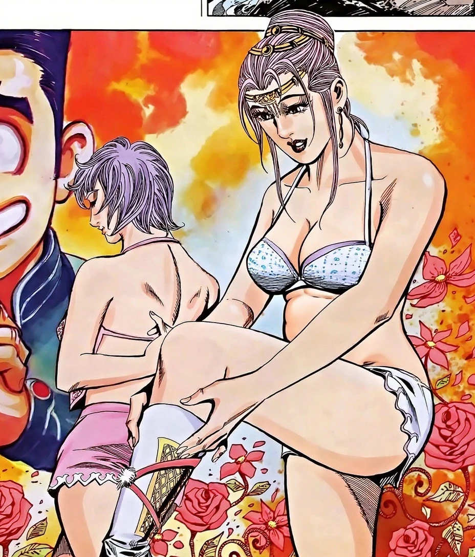 score_9, score_8_up, score_7_up, source_manga, colored, Tite Kubo manga style, Tite Kubo art style, <lora:Tite_Kubo_manga_style_Pony:1>, 1girl, green eyes, black hair, black lipstick, dark makeup, small , wide ,  thick thighs, tanned skin, kimono, looking at viewer, one eye closed, finger to mouth, ((manga cover, manga cover style, text)), best quality, masterpiece