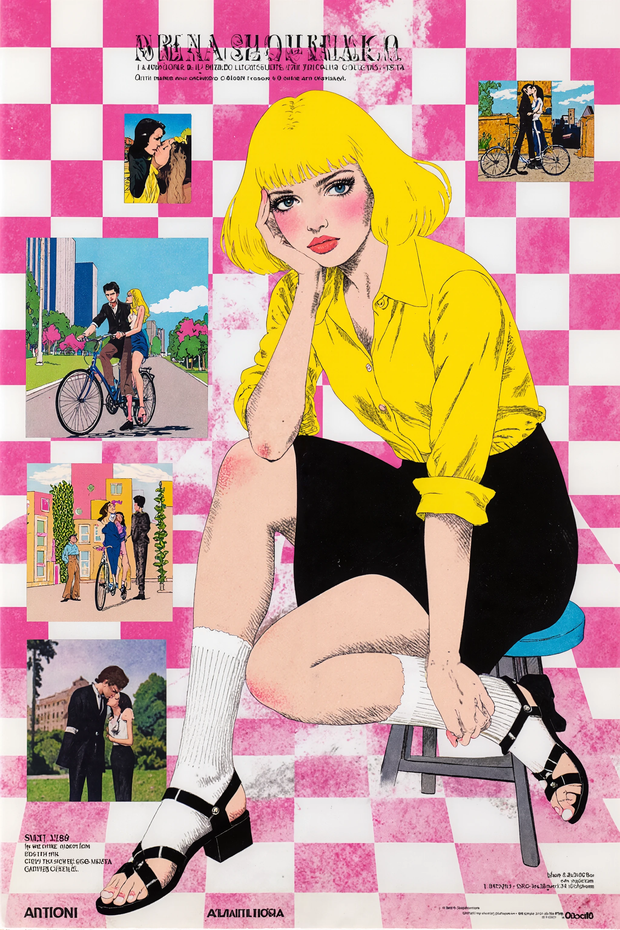 illustration,The main subject is a white woman in her early twenties with blonde hair. She wears a soft yellow shirt, a black miniskirt, knee-high white socks, and black strappy shoes. Supporting her chin with her left hand, she gazes at the camera with a pensive expression. The background features a pink and white checkered pattern, with small insets depicting scenes from a movie: a couple riding bicycles and another couple kissing. The setting resembles a park, with buildings visible in the distance. The overall atmosphere is retro and pop. Soft lighting brightly illuminates the woman's skin. The color palette is vivid, with pink, white, yellow, and black creating contrast. Her pose is relaxed, conveying a sense of boredom. The camera angle is a low angle from the front. Film poster art, retro, 60s, pop art, bright color scheme,Aquirax,