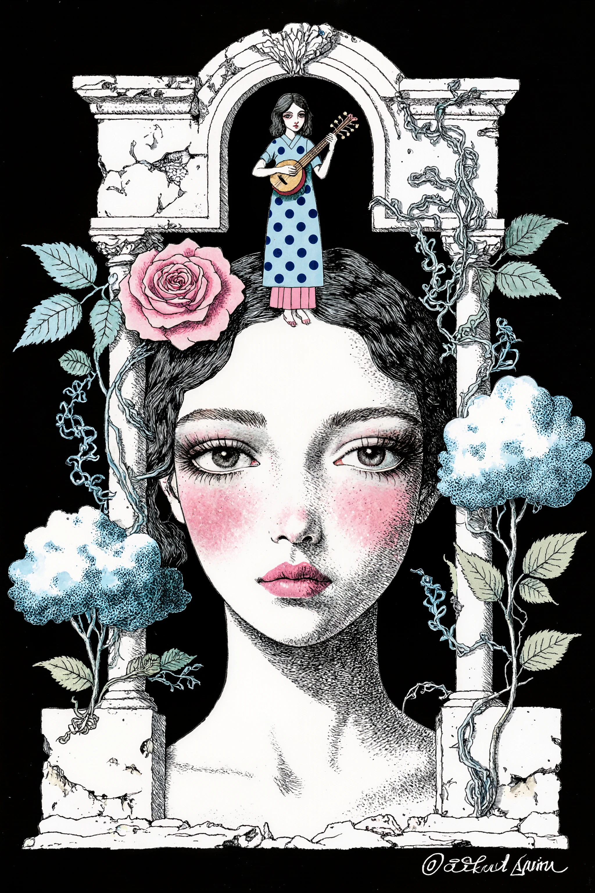 A surreal illustration featuring a pale-skinned, young woman's face dominating the composition, composed in a style reminiscent of Art Nouveau and Japanese illustration. Her large eyes are almond-shaped, gazing forward, with pink blush on her cheeks, and rose-colored lips. The woman’s face is intricately detailed in pen and ink, with delicate lines defining her features. Above her head, a fragmented, architectural structure reminiscent of a ruined building, holds a miniature figure of a young woman, playing a lute. The miniature figure is dressed in a light blue dress adorned with large dark blue polka dots, paired with a pink bottom. The architectural frame houses flora, including a large pink rose, cascading vines, and two stylized trees with puffy, light blue foliage. The background is a solid, deep black contrasting the white elements. The color palette consists of black, white, pink, blue, and green, enhancing the dreamlike quality. The composition is symmetrical, with the woman's face at the center, creating a sense of serenity and introspection. The overall atmosphere feels enigmatic and whimsical, conveying a sense of melancholy,Aquirax,