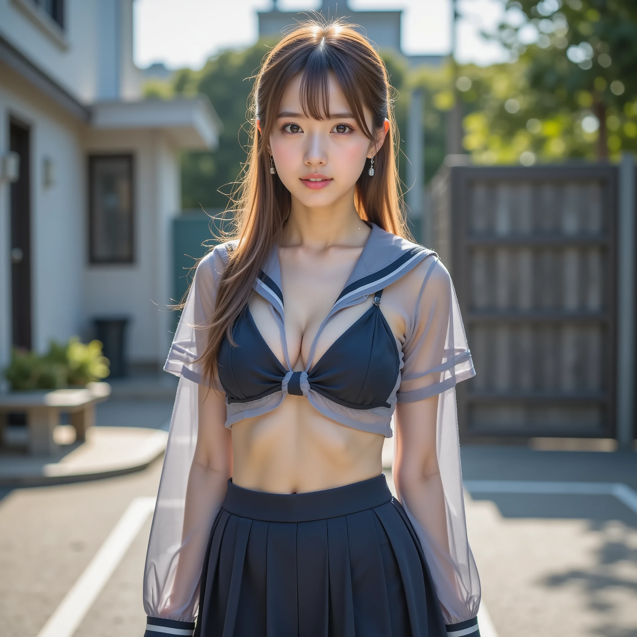 greatest masterpiece, Highest Quality, 1girl, (Japanese top idols wear Japanese uniforms with makeup like GAL:1.10), (wide shot of a beautiful Japanese woman's full body:2.2), (HYPERREALISTIC RAW PHOTO PORTRAIT PHOTO), ((watch viewers)), (Ultra Clear Focus), (orange long ponytail hair), ((Big Smiles)), (f-cup chest), super detailed face, highly detailed eyes and faces with visible lighting, Beautiful Eyes with Attention to Details, Beautiful Detailed Lips, BREAK, (My uniform is a uniform where you can see the bra through), (I'm in a flared miniskirt), (the jacket is see-through and the bra is visible but the nipples are not visible), (sexy hips ), (sexy poses), bright cinema lighting, The background is taken in the school yard, a tall and slender beautiful young woman, 