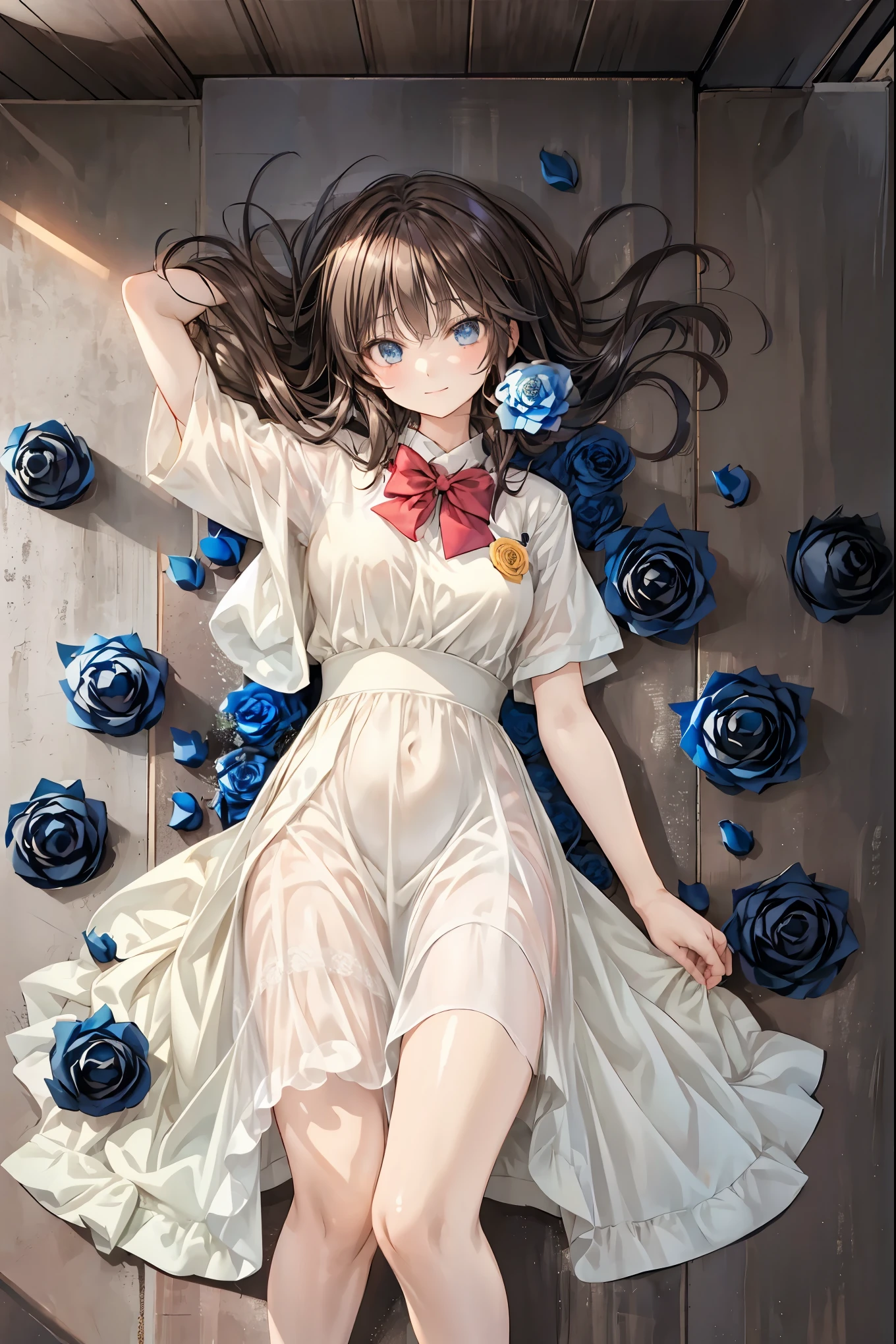 Highest Quality, face focus, soft lights, ultra high res, (photorealistic:1.4), A Japanese sword,(((((Japanese sword 1.2))))),Rose Assassin,(((((Blue roses are spread all over the floor:1.4))))), meteor、空から降り注ぐmeteor、無数のmeteor群、brown hair,shortcut to lay purple eggs,unkempt hair,Short braided hair,Neat,slender beauty,correct posture,small breasted,Beautiful legs,his enchanting gray-blue eyes are shining like stars,Saggy Eyes,bright colors,beautiful eyes,A delicate smile,Textured Skin,best quality,gentle and beautiful woman,anime style、seen from above, solo, cute, (pupil),(individual eye light), Motorcycle Rocket Cowl Modification, (Tiny Chest),(human skin texture high resolution detail), (Boro-Yado's Long Hair), Sit Couch, School Uniform, charcoal vest, skirt, (Upper Thigh)