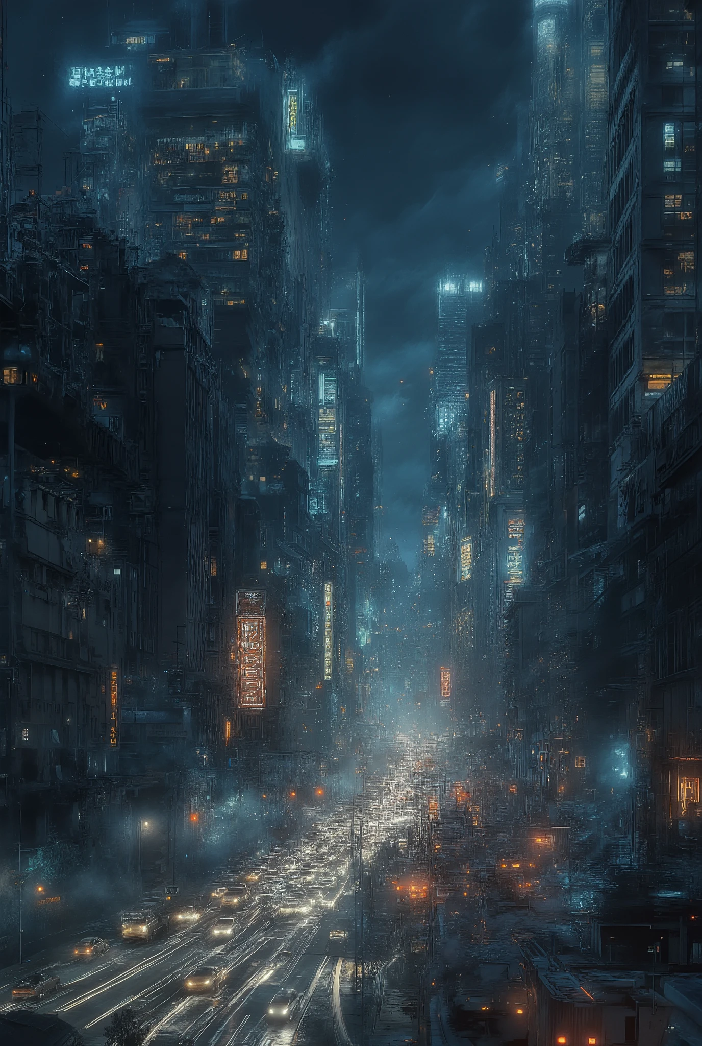 photorealistic, epic wide shot of a dense metropolis at night, cinematic lighting. A sea of city lights, with towering skyscrapers glowing against the deep indigo sky. The streets are rivers of flowing light from car headlights and taillights (motion blur). A light fog or mist hangs in the air, catching the glow from the windows and neon signs. Hyper-detailed, 8K, high contrast, shot on a professional DSLR.