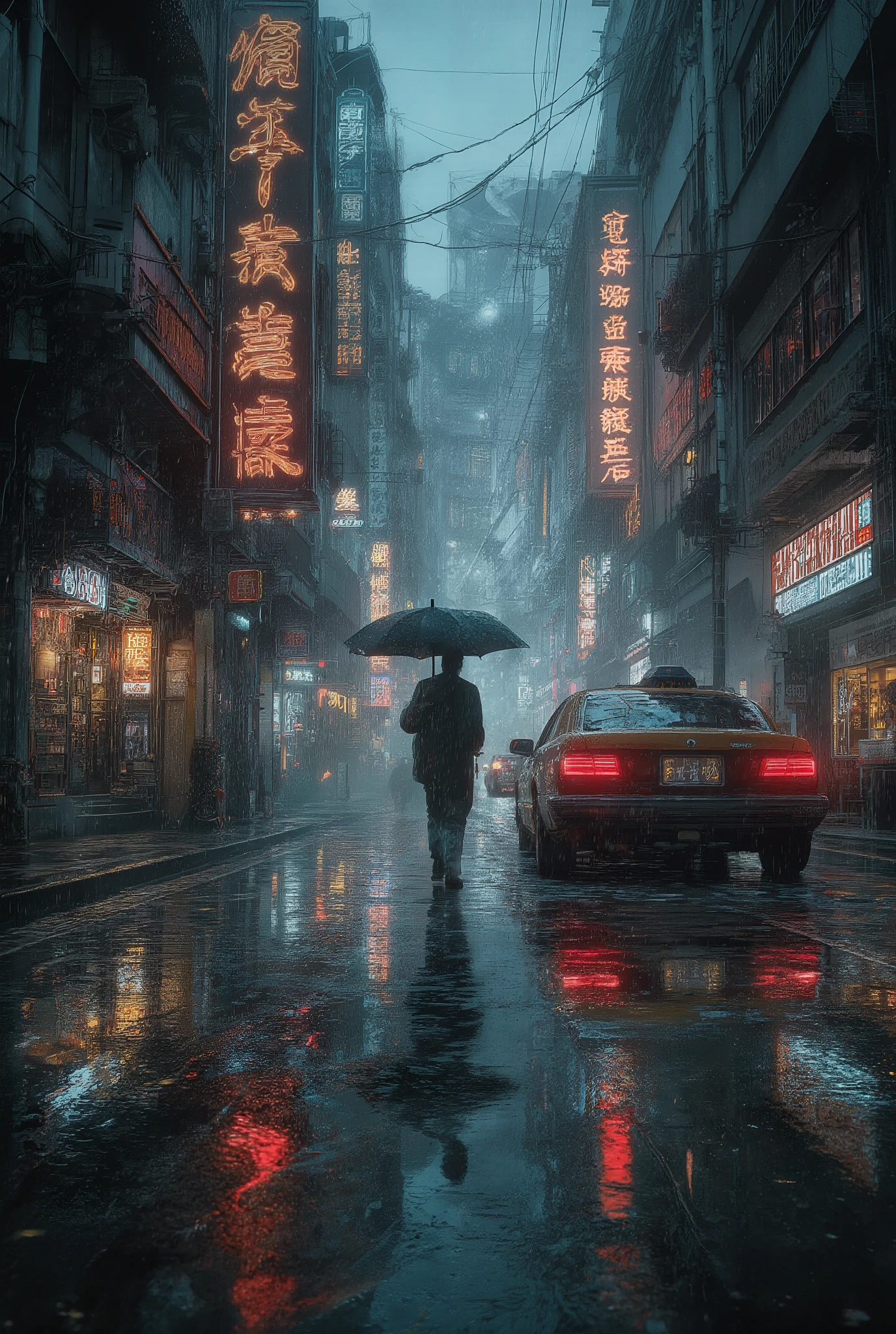 A storytelling moment on a rainy night in a neon-drenched city district (like Tokyo or Hong Kong). Photorealistic, street-level view. The wet asphalt reflects a kaleidoscope of neon signs in Japanese and Chinese characters, glowing shop windows, and the red brake lights of a passing taxi. A solitary figure with an umbrella walks away into the misty distance. Cinematic, moody, volumetric lighting, lens flare from the neon. Shot on an anamorphic lens, wide aperture, shallow depth of field.
