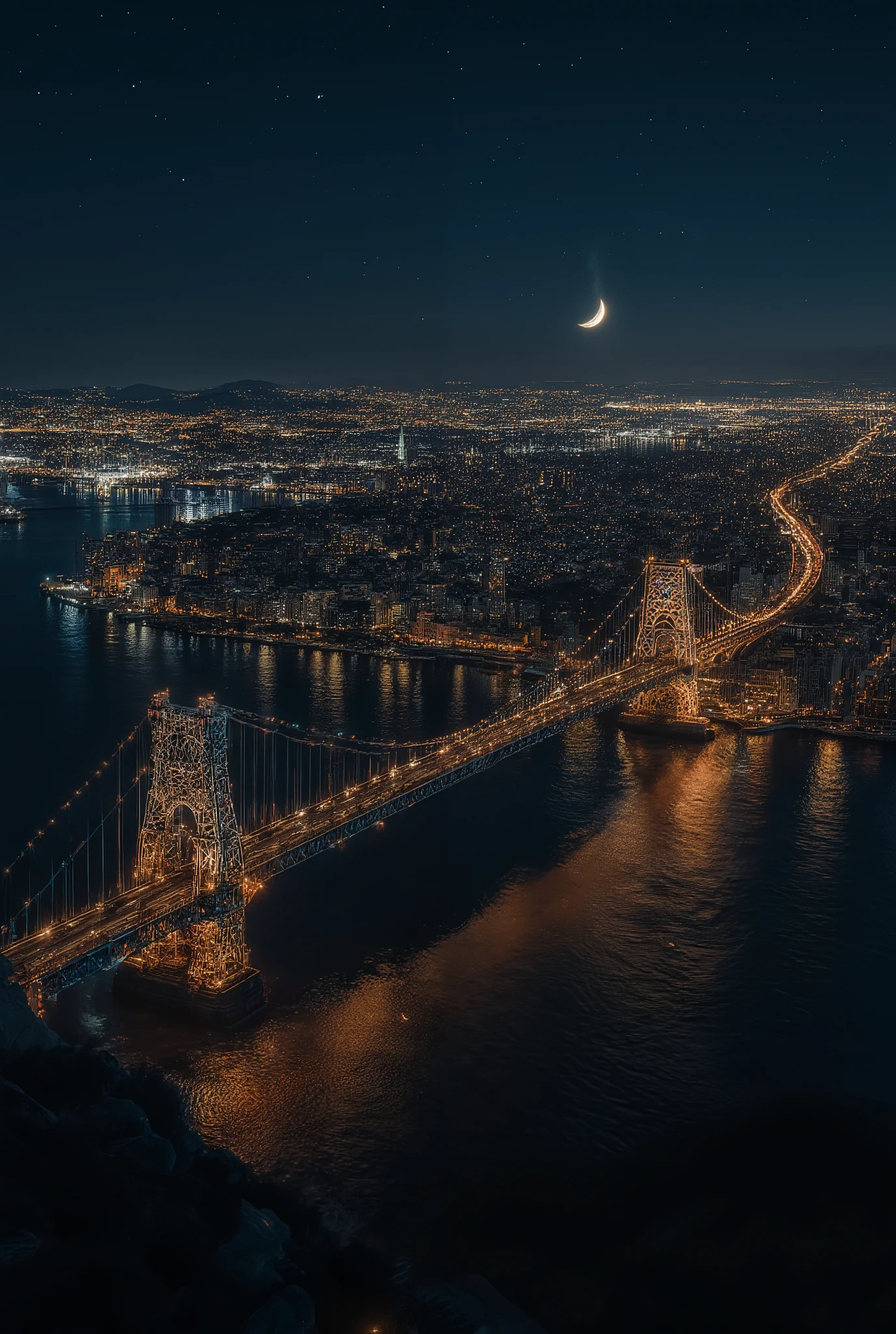 A breathtaking aerial drone shot over a sprawling coastal city at night. A massive, intricate suspension bridge (like the Golden Gate or Bosphorus Bridge), illuminated by orange lights, stretches across the dark water, connecting the glowing grids of two city districts. The city lights shimmer on the calm surface of the bay, blending with the reflections of a crescent moon and a few bright stars in the inky sky. Long exposure photography, stunning details, ultra-wide angle.