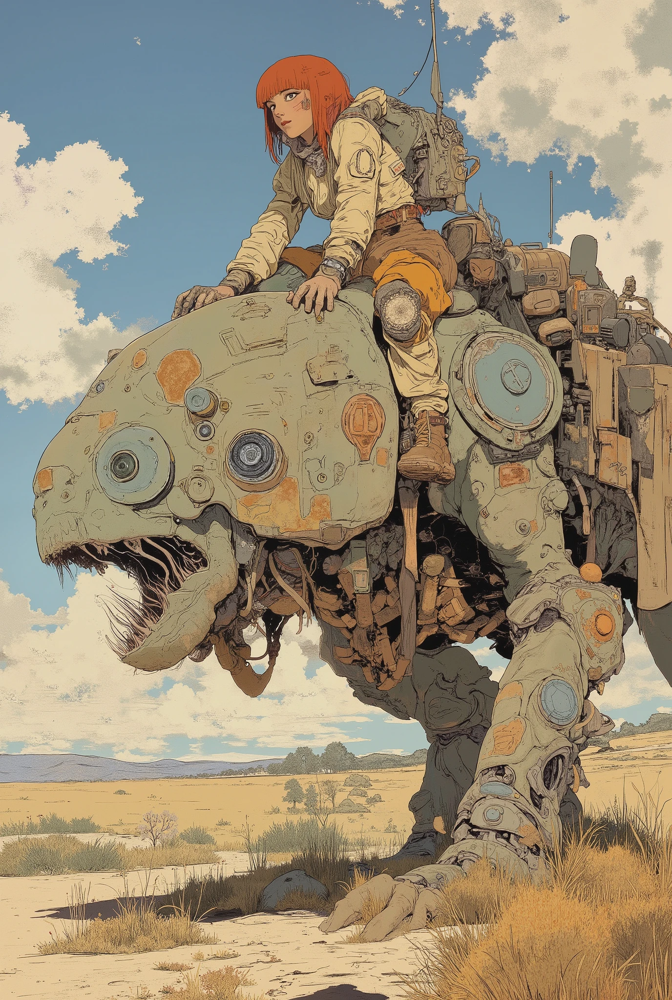 By Phandigrams,(masterpiece:1.3), best quality, ultra highres, extremely detailed, perfect lighting, perfect form, 
(cinematic dramatic composition:1.2), (intense and suspenseful atmosphere:1.1), ultra detail, extra resolution, flat color, 
semi-realism, real illustration, line-art, vector art, bande dessinée style, inspired by moebius, JEAN GIRAUDE style, European comic style,

a beautiful girl, big cute eyes, 
short red hair, blunt bangs, single braid,
(well-groomed realistic face:1.1), anatomically correct body, natural proportions, correct number of fingers,
riding on the giant robot, fantasic, biomechanical design, a well-balanced symmetrical design,

sharp focus, vibrant colors, HD, 8K,
