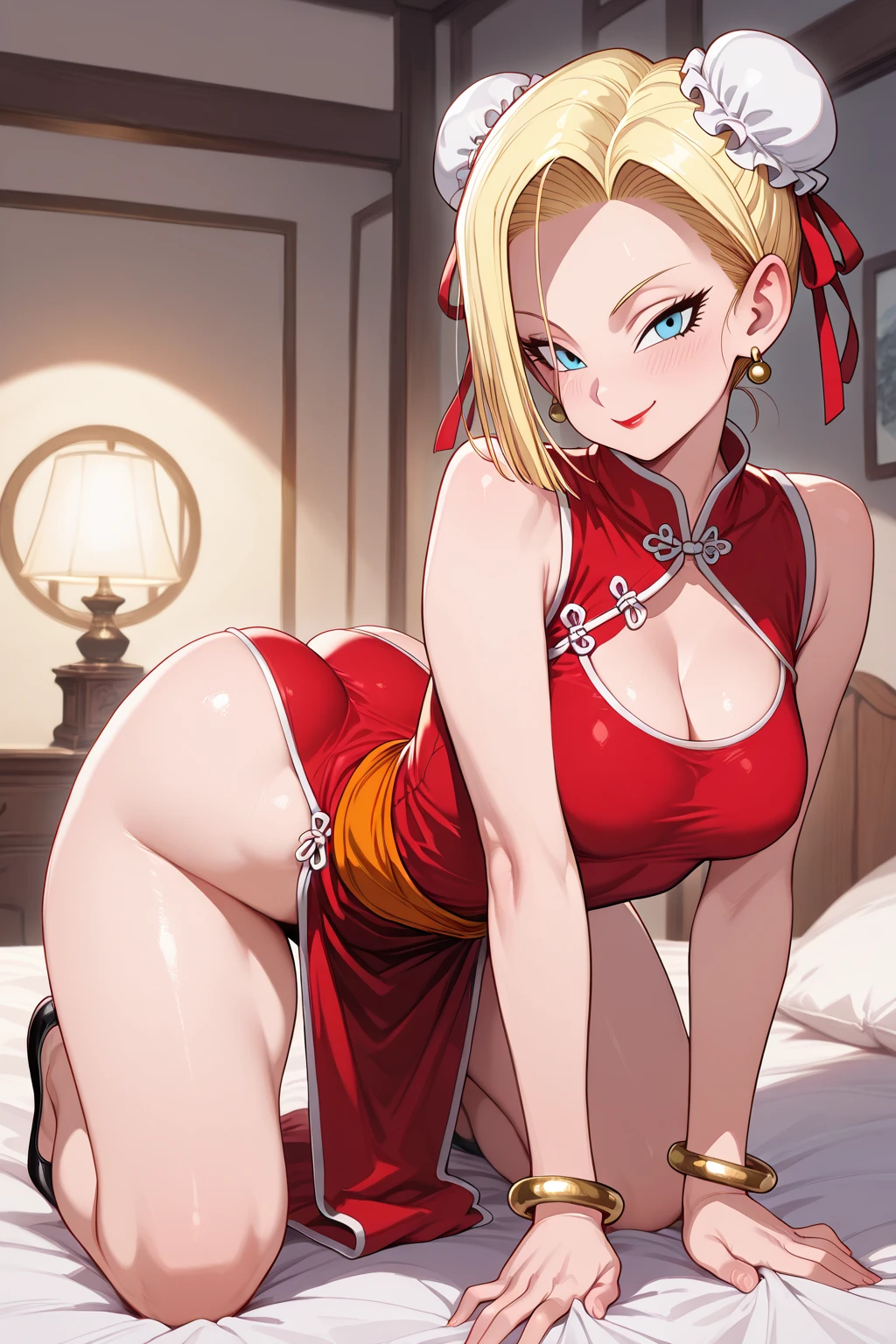 masterpiece, high resolution, best quality, rendered art, beautiful art, well formed hands, body and fingers, 1 woman, solo, Lumine, mature woman, grown up, big breasted, cleavage, cosplaying as Mai Shiranui,  red Japanese clothes, alluring body, full body,  legs,  and thighs, she is fighting in a martial arts tournament event, action scene, she fights the viewer, looking at it, being proud and confident,  moves, smiling joyfully, sweating, fighting montage scene , beach background 