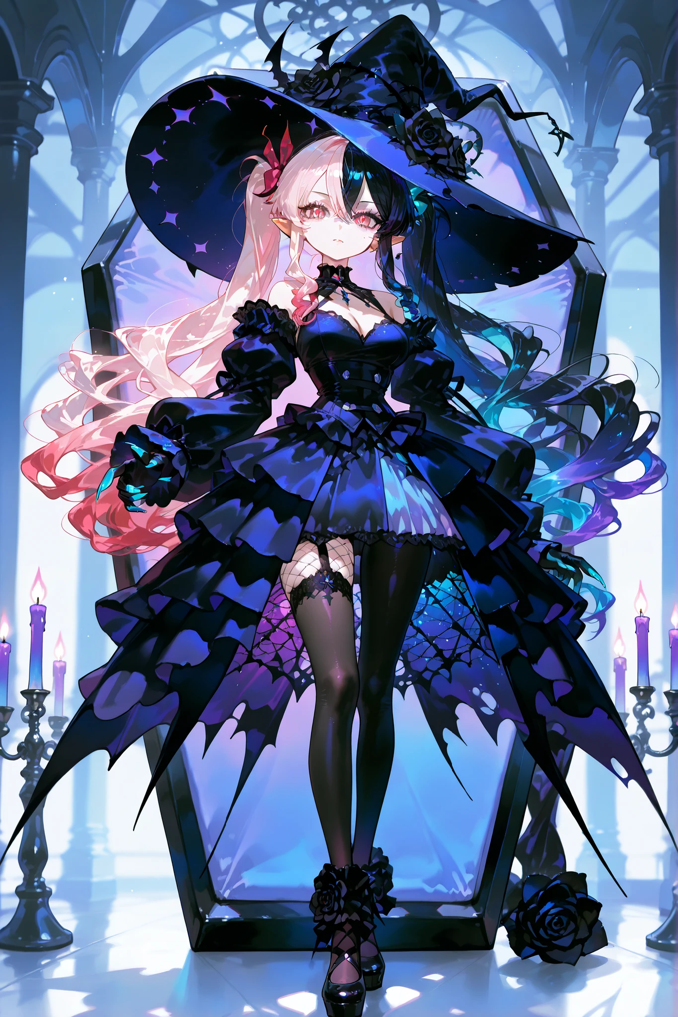 (SPLIT-COLOR HAIR,MULTICOLORED HAIR, TWO-TONE HAIR,) The vampire witch lady. She has pale skin covered with glitter and pointy ears. She has crimson eyes, pink fuchsia lips and red-pink eyelashes. She has long turquoise curly hair , the ends of her loose hairstyle dye in gradient of blue and pink colors. She is wearing a black-blue and purple Gothic witch dress with star embroidery and a turquoise -black lace bolero. On her head is a massive dark turquoise witch's pointed hat with a wide brim, decorated with ruffles, black roses and a skull in a crown. She is wearing mesh tights and black Rococo shoes with turquoise ruffles. She has a lot of silver rings with multicolored stones and long manicured blue claws. (IN the background: The gloomy Gothic palace, decorated with a coffin in which a black rose blooms and a candelabra with purple candles hangs from the ceiling.)