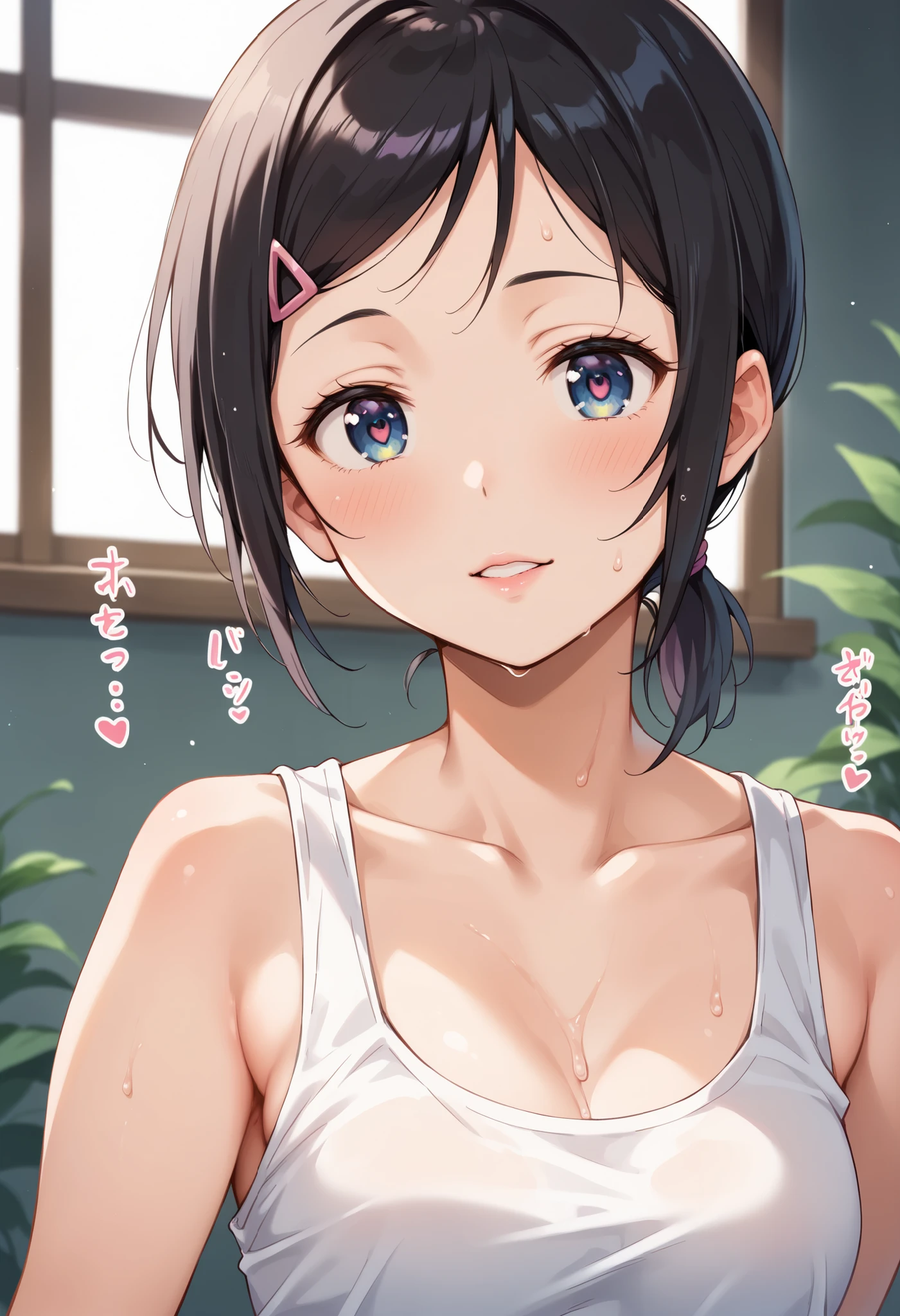 ((realistic, 16k, top quality, high-resolution, ultra detailed, photo quality, smooth skin, RAW file image, shot by Canon EOS R)), ( kawaii japanese, beautiful female lovelive style), (very fair skinned, white-skinned), short ponytail, black hair, hair-clip, smooth décolleté, (round eyes, tareme eyes), best proportions, tanktop, thick bottom, smooth thigh, white skinned, smooth skinned, mina loves me very much, (largest quantities sweat run down dripping), oval-face, (light-pink-lip), from under angle, ((mina standing model pose, half-closed-eyes face focus)), (heart-speech, large quantities sound effects),Anime, ((ecstatic fascinated)), daytime large Window, (perfect ),