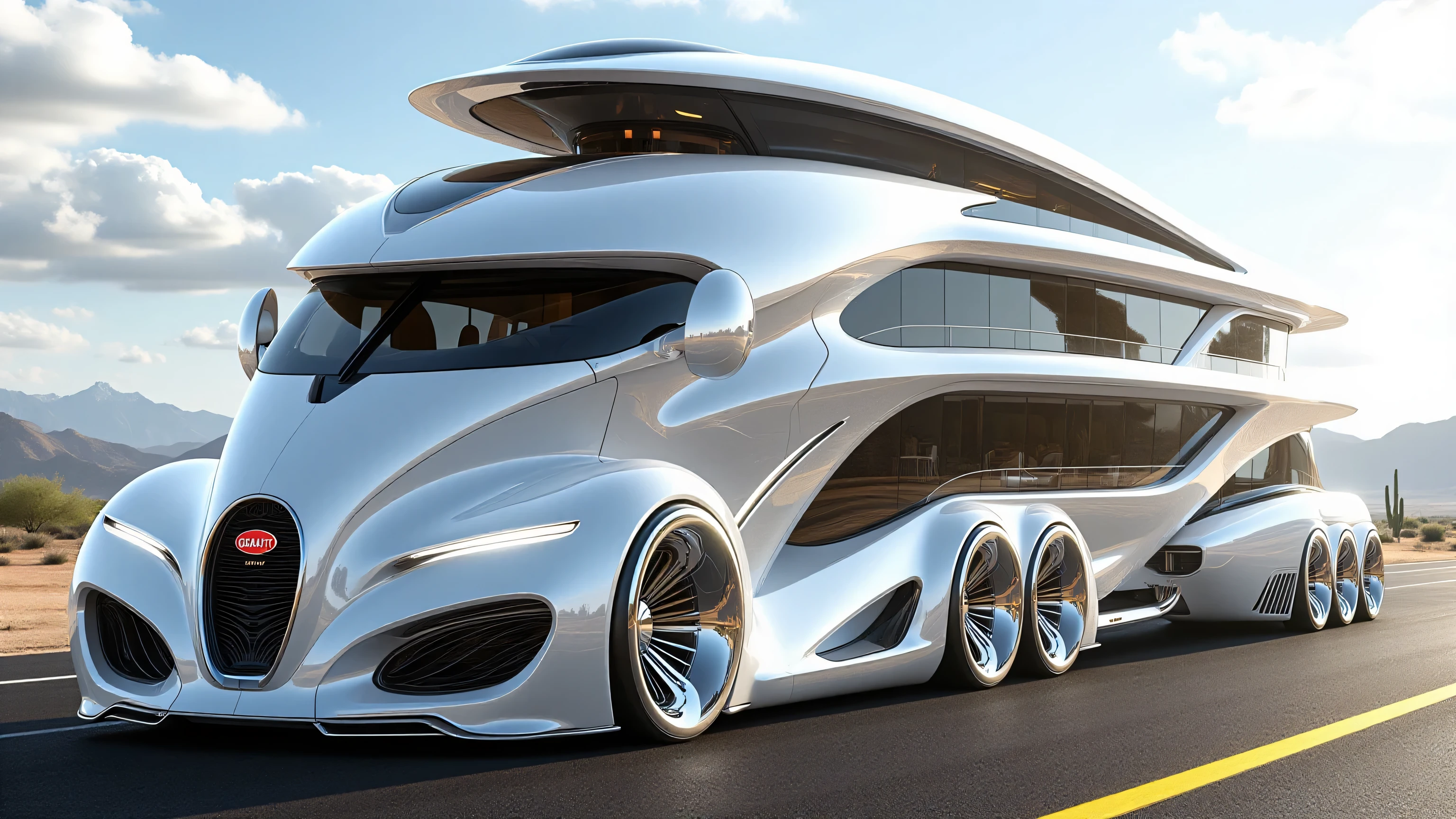 DE_style, A futuristic luxury motorhome designed in the style of a Bugatti, with a sleek, aerodynamic pure white metallic body that blends ultra-modern automotive design with architectural aesthetics. The front cab has a distinctive Bugatti-style grille with the red Bugatti logo in the center, aggressive front bumpers, sharp LED headlights, and smooth curved fenders that give a hypercar-inspired look. The windshield is large, darkly tinted, and seamless, merging smoothly into the flowing body lines. The cab design features sculpted side panels with futuristic grooves and chrome side mirrors.

The motorhome extends backward into a massive multi-axle trailer with six large chrome wheels on each side, giving it a grand, powerful presence. The trailer body looks like a luxurious multi-level building integrated into the vehicle, featuring curved glass windows, continuous balconies, sleek metallic railings, and flowing architectural lines that wrap around the structure like futuristic ribbons. These wave-like white contours connect the cab to the living space, making the entire vehicle appear like a moving luxury mansion.

The trailer includes multiple floors with visible balconies, floor-to-ceiling glass walls, and sections with outdoor seating, but without any plants or greenery—only clean, polished white surfaces with reflective glass for a sleek futuristic look. The design emphasizes smooth curves, futuristic layering, and a blend of automotive engineering with luxury real estate.

The background shows an open desert road with mountains in the distance, partly cloudy sky, and sunlight reflecting off the motorhome’s glossy white finish, enhancing its futuristic and majestic appearance. The overall style is ultra-realistic, cinematic, and hyper-detailed, highlighting both the luxury and surreal futuristic engineering of the motorhome.