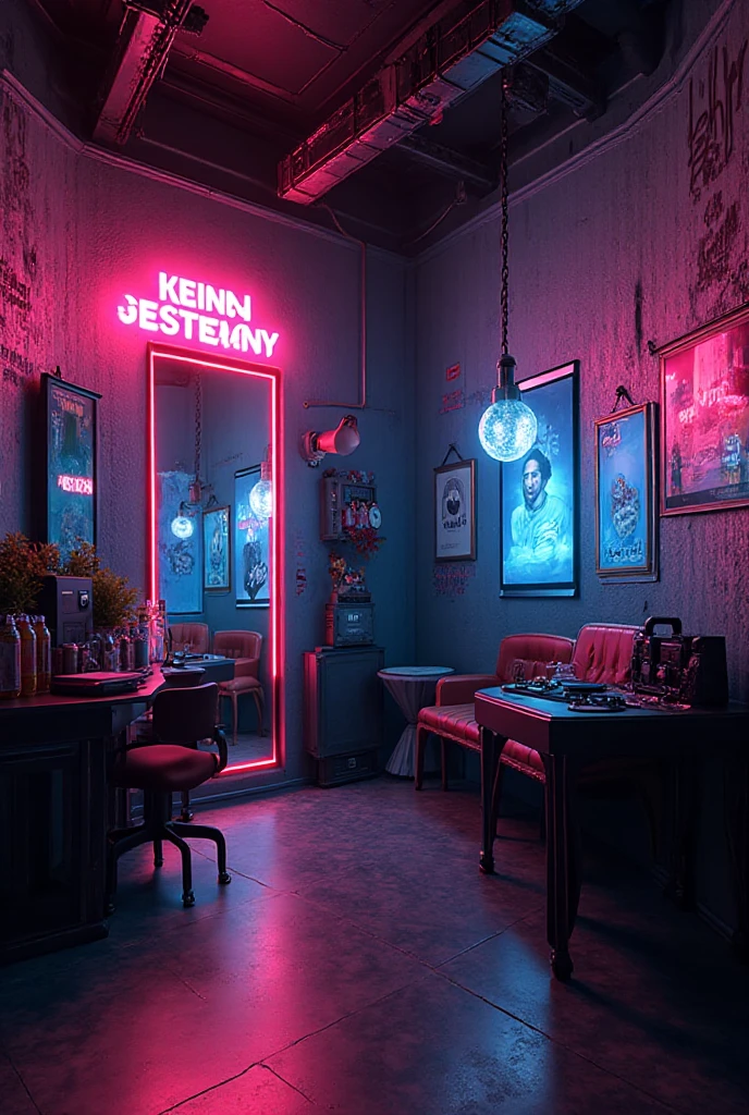 reception desk of piercing studio, tattoo studio, many pictures, furnishings, plants, reception desk, many pictures, pictures of tattooing, neon lights, sofas for visitors, jurnal table with magazines, cozy sofa for visitors, tattoo sketches, super details, background, deep lighting, bright neon lights, purple, atmosphere