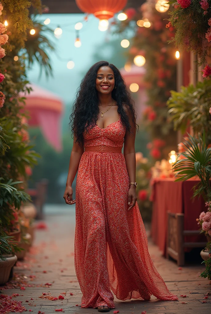 Short wavy luxurious black hair, black woman, medium brown skin tone, beautiful smile, money, pink balloon dress, boho living room, boho furniture, huge pot of plants, decor, from a distance