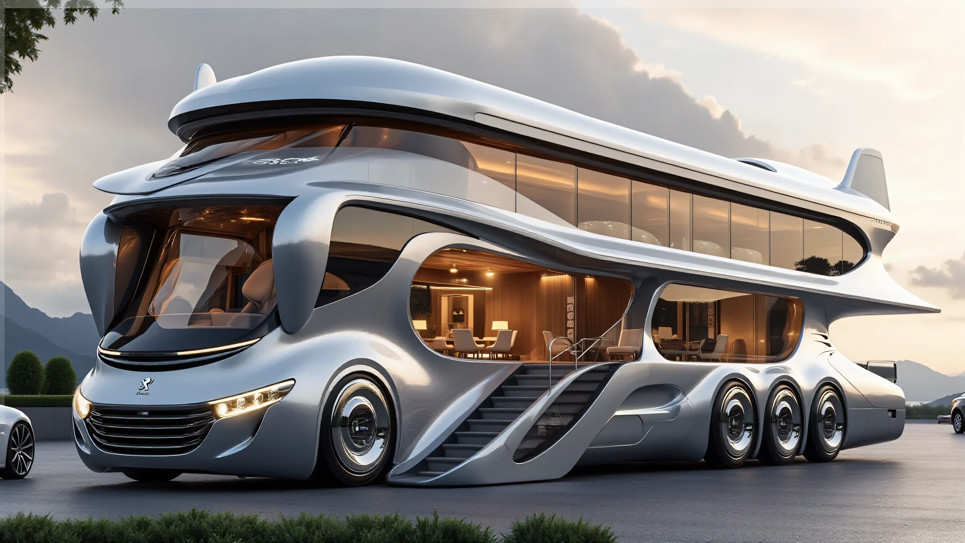 DE_style, A futuristic ultra-luxury motorhome parked outdoors with mountains in the distant background, designed with a sleek aerodynamic silver metallic body. The front has a bold curved design with a large panoramic tinted windshield wrapping around, resembling a cockpit. On the front lower section, there are two round headlights integrated smoothly into the body, glowing softly. The Peugeot logo is clearly visible at the center of the front above a small vented grille.

The motorhome has an extravagant two-level design. The upper deck extends across the entire length, featuring large rectangular windows with warm lighting glowing from the interior, and a sleek metallic railing that runs along the balcony edge. The lower level also has wide glass windows, giving a clear view of the luxurious interior with modern furniture, including a white office-style chair and wooden walls.

A staircase with metallic railings extends down from the entrance on the right side, merging seamlessly with the futuristic bodywork. Along the side of the motorhome, there are ten massive wheels with glossy chrome rims arranged in two sets of five, enhancing its futuristic and powerful look.

At the rear upper section, a rounded futuristic tail design includes a transparent vertical fin structure with the text “ASENZ” written on it. The roof of the motorhome is smooth and aerodynamic with layered silver contours, adding to the spaceship-like design. The sides of the body feature artistic sweeping curves with black glossy accents that contrast against the metallic silver.

The scene is set in an open parking area during late afternoon or early evening, with soft natural light illuminating the vehicle. Two modern white and silver cars are parked nearby, and small green ornamental bushes in round pots are placed along the parking area. The overall atmosphere highlights the grandeur and futuristic appeal of the luxury motorhome.