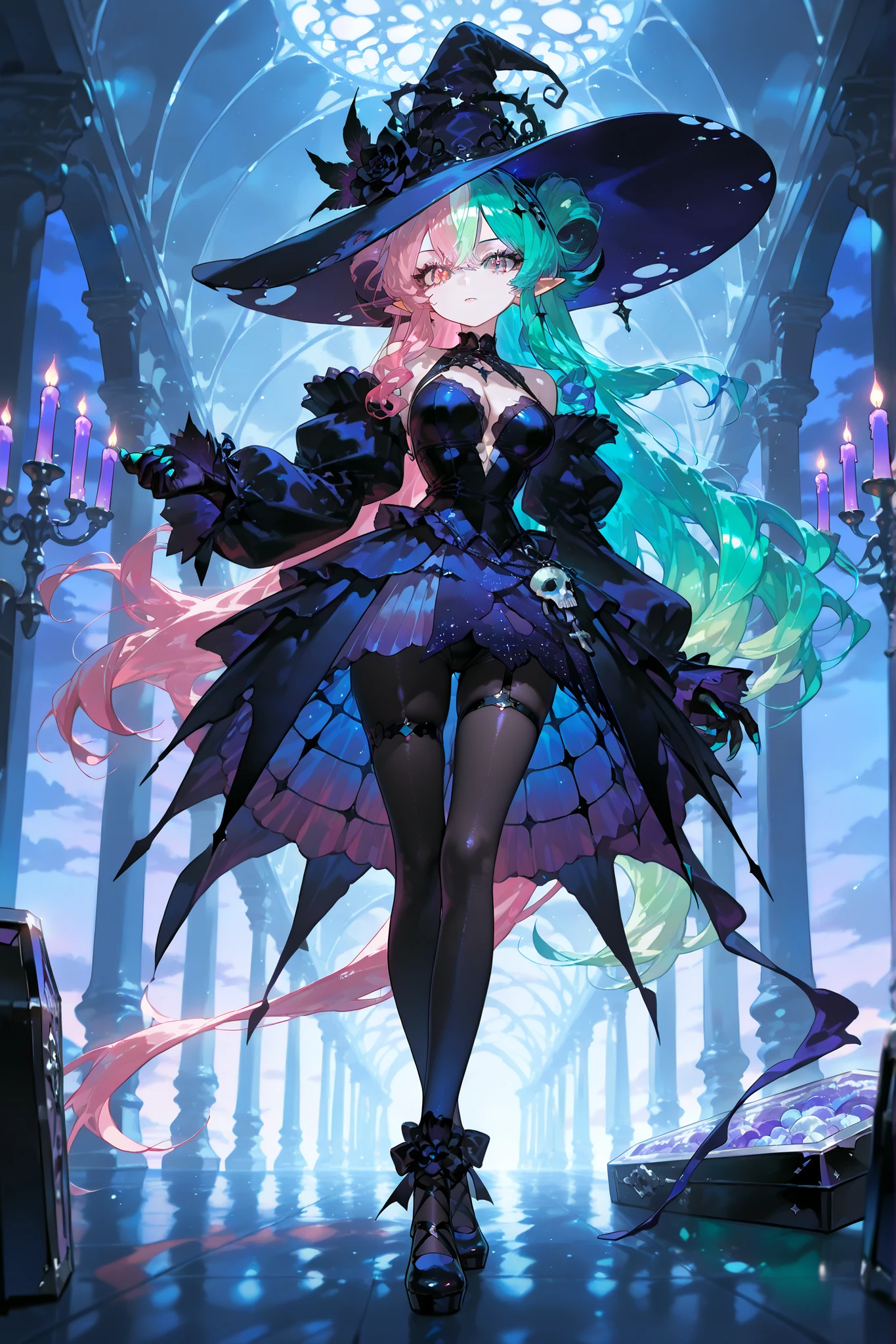 (SPLIT-COLOR HAIR,MULTICOLORED HAIR, TWO-TONE HAIR,) The evil ocean witch lady. She has pale skin and pointy ears. She has crimson eyes, pink fuchsia lips and red-pink eyelashes. She has longest curly turquoise-green hair dye in gradient of blue and pink colors. She is wearing a black-blue and purple Gothic witch dress with star embroidery and a turquoise -black lace bolero. On her head is a massive dark turquoise witch's pointed hat with a wide brim, decorated with ruffles, black roses,sea net, silver anchor on chains,and skull in a crown. She is wearing mesh tights and black Rococo shoes with turquoise ruffles. She has a lot of silver rings with multicolored stones and long manicured blue claws. (IN the background: The gloomy Gothic palace under the water, decorated with a coffin, seashells,and a candelabra with purple candles hangs from the ceiling.)