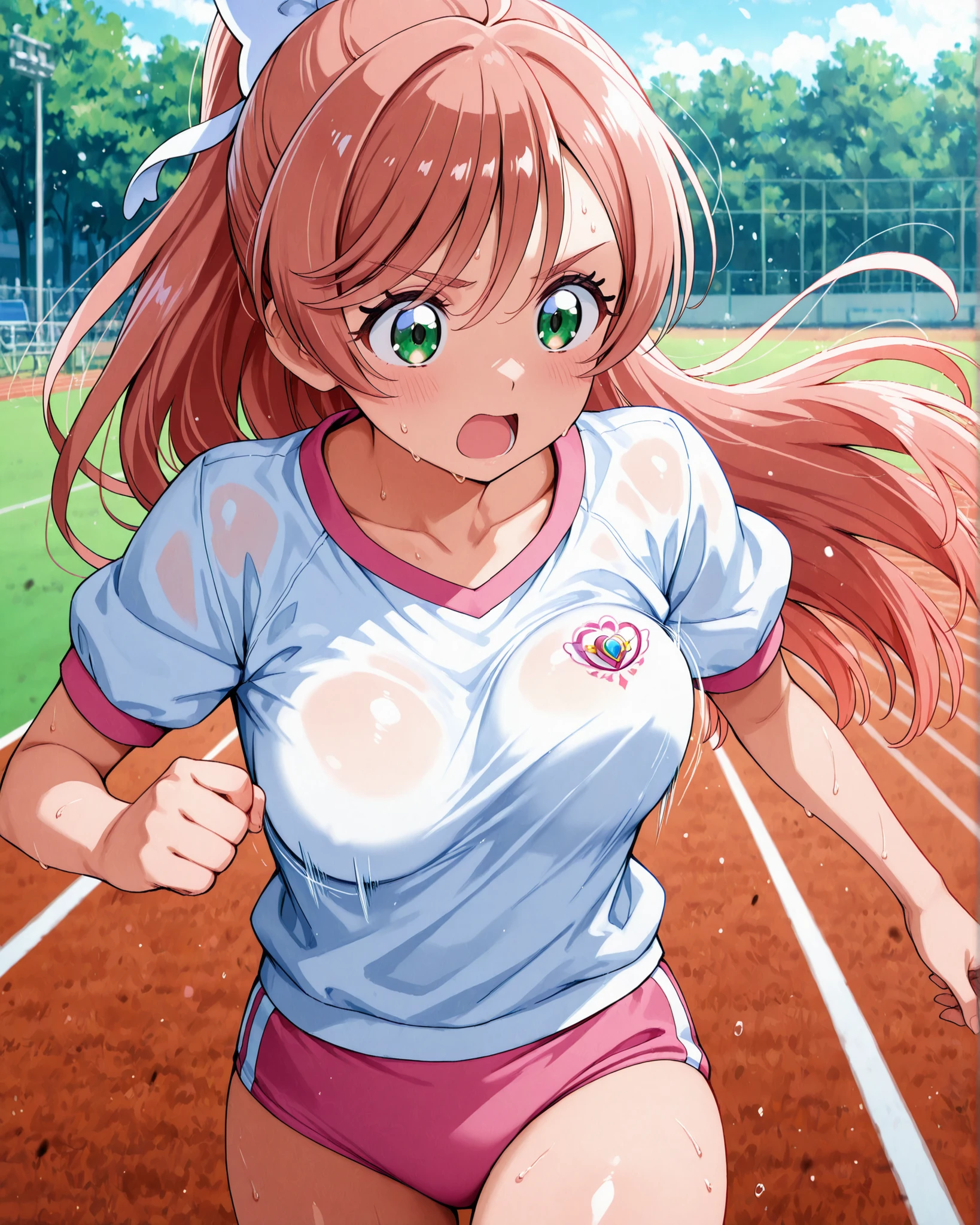 (ultra-detailed),(masterpiece),(best quality),high score,highres,incredibly absurdres,anime screencap,pastel colors,anime,shiny skin,No Background,Balanced upper and lower body structure,incredibly detailed beautiful collarbone line,incredibly ,
Nijigaoka Mashiro, magical girl,Hirogaru Sky Pretty Cure,precure,
solo, 1 girl,
pink hair,bun hair, high ponytail, very long hair, hair ribbon, white ribbon, hair bow, bangs, Very long fringe,half updo,bangs flop to the side,hair between eyes,green eyes, i
ncredibly detailed beautiful pupillary,eyebrows visible through hair,
running, sweat, open mouth,
serious,
bouncing breasts,
buruma, white shirt, pink buruma,
outdoor, school track field,