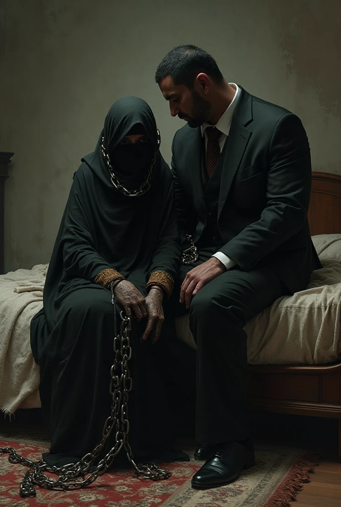 score_9, score_8_up, score_7_up, 2persons, 1man soldier named++A, 1girl named++B, in a luxurious living room, A  B's breasts, B looking angry at A.
BREAK (B is a woman bound up with rope, lying on a couch, otm gag, gagged,  above head, wrists bound with rope, (bound above and below breasts,  over clothes, bound legs, bound thighs, bound knees), 40yo, African, (dark skin:1.29), dark brown hair, 50's vintage hairstyle, curly hair, updo, breasts length hair, brown eyes, (charcoal dress), puffed sleeves, long dress with slit, (lift skirt), (queen anne neckline), vintage shoes, vintage pantyhose,  over dress, (scared, desperate)).
BREAK (A is 1man in full body uniform, boots, holster, muscular, beard, bald).
BREAK : A  B, hand down dress, saturated colors, living room, luxurious living room, wallpaper, paintings, baroque furniture,  best quality, highly detailed, intricate detail, beautiful eyes, detailed face and eyes, perfect background, detailed background, detailed body, detailed , perfect , high-contrast