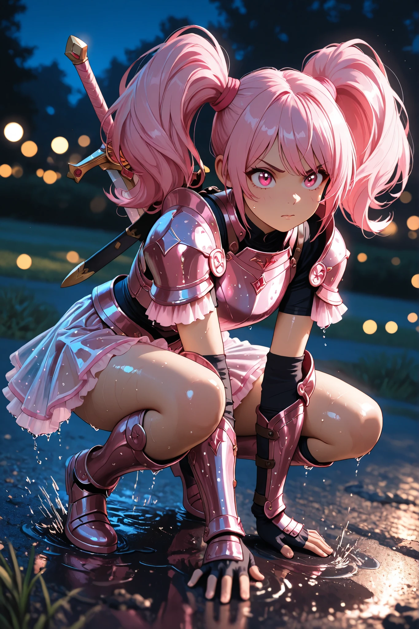 Toy figurine on a wet ground of a female warrior wearing pastel glitter metal heavy armor, pink twintails hair, a furious gaze, attack position, Transparent Frill skirt, kawaii, squatting, anime style figure, intricate detailed, in fantasy landscaping background, perfect lighting, professional masterpiece quality, bokeh, depth, late night, light reverse on shiny skin, action pose, dynamic pose, dynamic angle, put hands ground, lean forward, sword on back, hyper detailed thin hair skin texture,