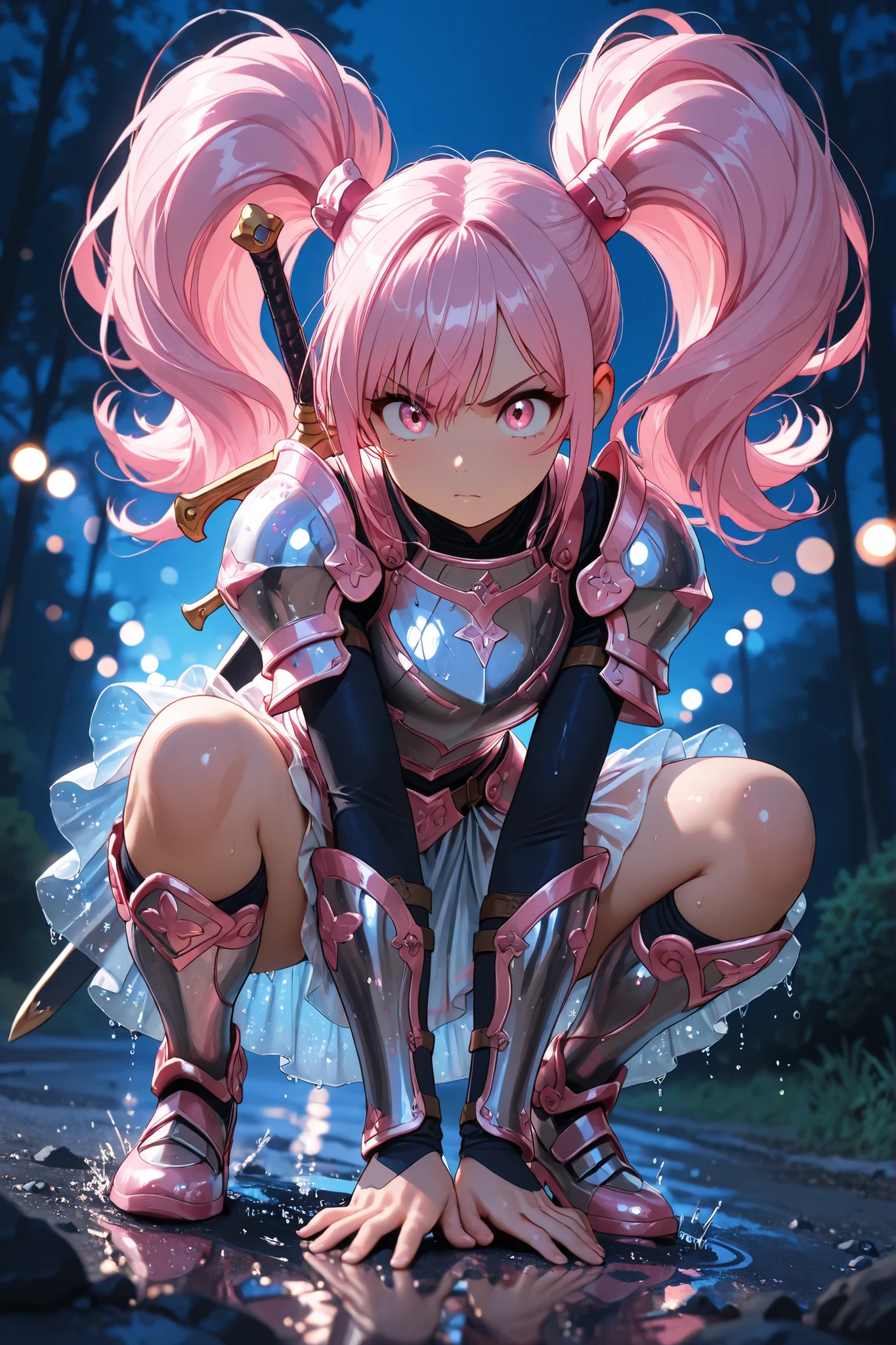 Toy figurine on a wet ground of a female warrior wearing pastel glitter metal heavy armor, pink twintails hair, a furious gaze, attack position, Transparent Frill skirt, kawaii, squatting, anime style figure, intricate detailed, in fantasy landscaping background, perfect lighting, professional masterpiece quality, bokeh, depth, late night, light reverse on shiny skin, action pose, dynamic pose, dynamic angle, put hands ground, lean forward, sword on back, hyper detailed thin hair skin texture,