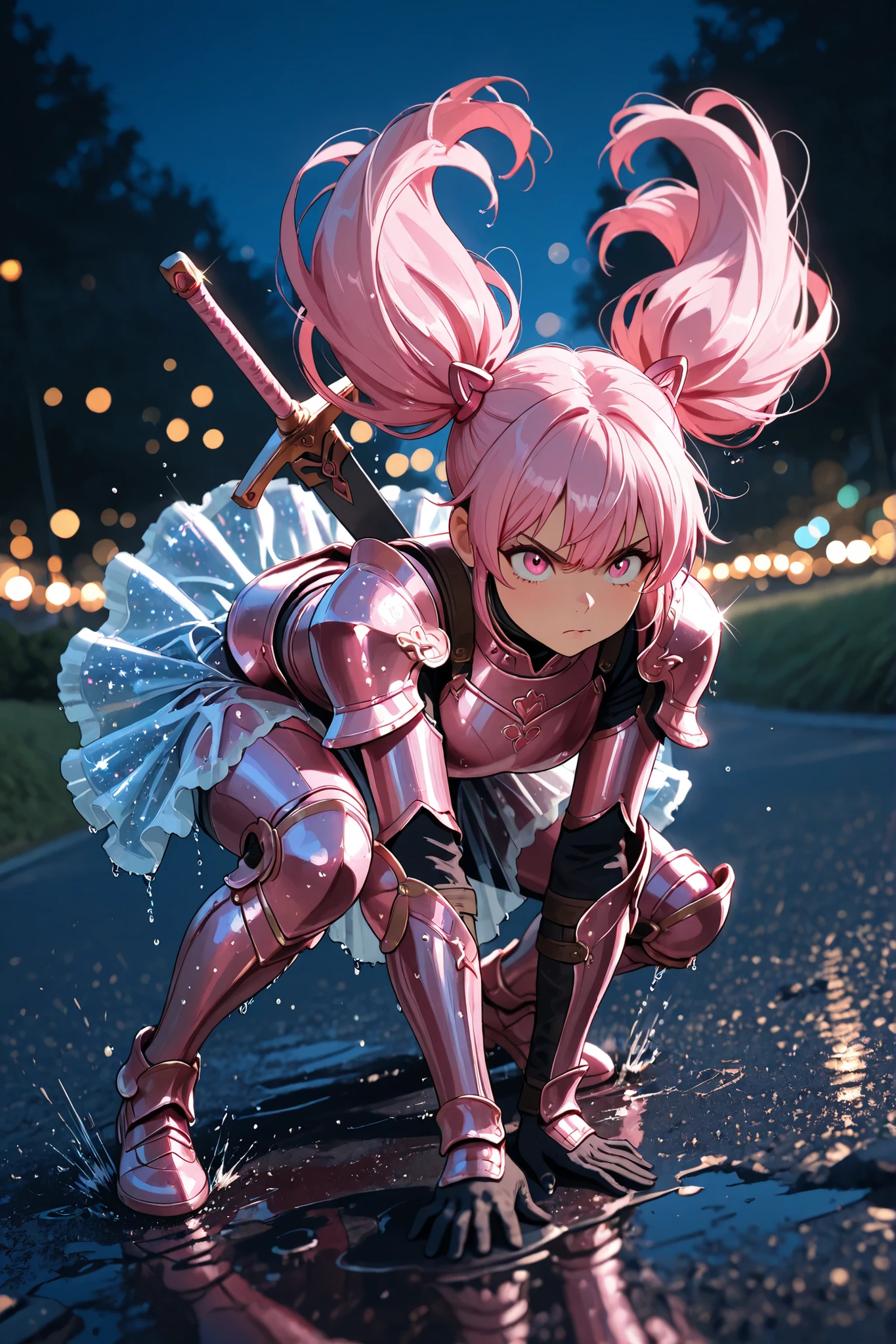Toy figurine on a wet ground of a female warrior wearing pastel glitter metal heavy armor, pink twintails hair, a furious gaze, attack position, Transparent Frill skirt, kawaii, squatting, anime style figure, intricate detailed, in fantasy landscaping background, perfect lighting, professional masterpiece quality, bokeh, depth, late night, light reverse on shiny skin, action pose, dynamic pose, dynamic angle, put hands ground, lean forward, sword on back, hyper detailed thin hair skin texture,