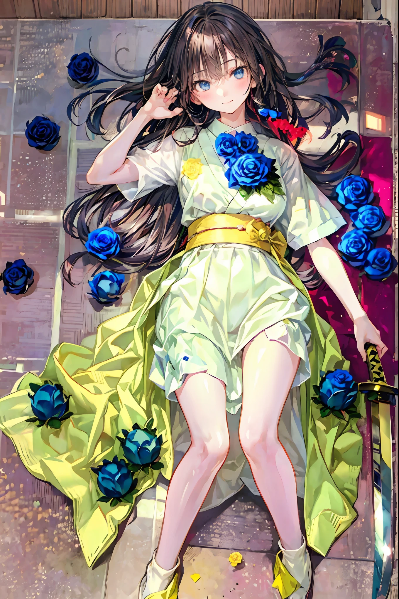 Highest Quality, face focus, soft lights, ultra high res, (Photorealistic:1.4), A Japanese sword,(((((Japanese sword 1.2))))),Rose Assassin,(((((Blue roses are spread all over the floor:1.4))))), meteor、空から降り注ぐmeteor、無数のmeteor群、brown hair,shortcut to lay purple eggs,unkempt hair,Short braided hair,Neat,slender beauty,correct posture,small breasted,Beautiful legs,his enchanting gray-blue eyes are shining like stars,Saggy Eyes,bright colors,beautiful eyes,A delicate smile,Textured Skin,best quality,gentle and beautiful woman,anime style、seen from above, solo, cute, (pupil),(individual eye light), Motorcycle Rocket Cowl Modification, (Tiny Chest),(human skin texture high resolution detail), (Boro-Yado's Long Hair), Sit Couch, School Uniform, charcoal vest, skirt, (Upper Thigh)