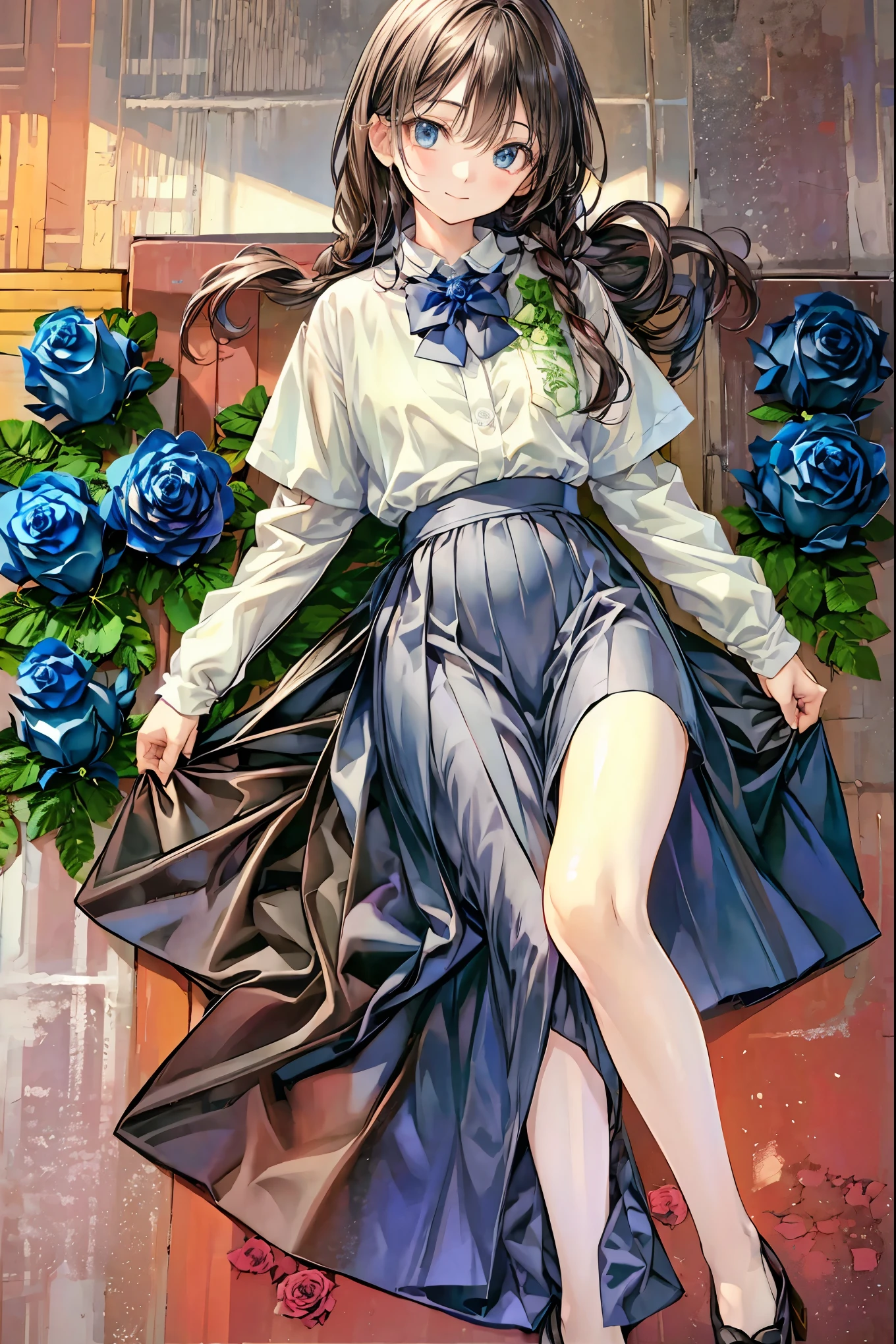 Highest Quality, face focus, soft lights, ultra high res, (Photorealistic:1.4), A Japanese sword,(((((Japanese sword 1.2))))),Rose Assassin,(((((Blue roses are spread all over the floor:1.4))))), meteor、空から降り注ぐmeteor、無数のmeteor群、brown hair,shortcut to lay purple eggs,unkempt hair,Short braided hair,Neat,slender beauty,correct posture,small breasted,Beautiful legs,his enchanting gray-blue eyes are shining like stars,Saggy Eyes,bright colors,beautiful eyes,A delicate smile,Textured Skin,best quality,gentle and beautiful woman,anime style、seen from above, solo, cute, (pupil),(individual eye light), Motorcycle Rocket Cowl Modification, (Tiny Chest),(human skin texture high resolution detail), (Boro-Yado's Long Hair), Sit Couch, School Uniform, charcoal vest, skirt, (Upper Thigh)