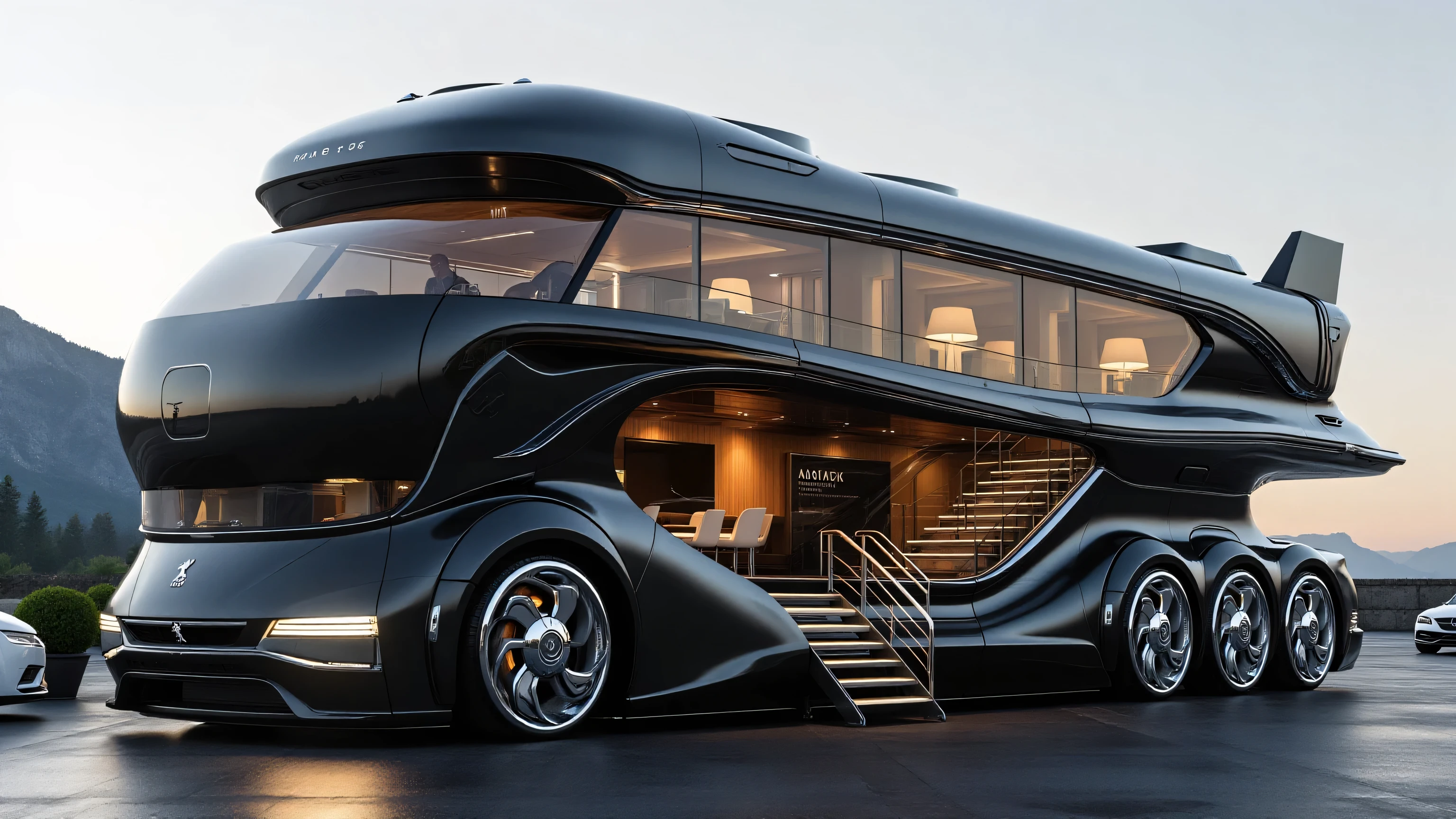 armored vehicle, A futuristic ultra-luxury motorhome parked outdoors with mountains in the distant background, designed with a sleek aerodynamic black metallic body. The front has a bold curved design with a large panoramic tinted windshield wrapping around, resembling a cockpit. On the front lower section, there are two round headlights integrated smoothly into the body, glowing softly. The Peugeot logo is clearly visible at the center of the front above a small vented grille.
The motorhome has an extravagant two-level design. The upper deck extends across the entire length, featuring large rectangular windows with warm lighting glowing from the interior, and a sleek metallic railing that runs along the balcony edge. The lower level also has wide glass windows, giving a clear view of the luxurious interior with modern furniture, including a white office-style chair and wooden walls.
A staircase with metallic railings extends down from the entrance on the right side, merging seamlessly with the futuristic bodywork. Along the side of the motorhome, there are ten massive wheels with glossy chrome rims arranged in two sets of five, enhancing its futuristic and powerful look.
At the rear upper section, a rounded futuristic tail design includes a transparent vertical fin structure with the text “ASENZ” written on it. The roof of the motorhome is smooth and aerodynamic with layered black contours, adding to the spaceship-like design. The sides of the body feature artistic sweeping curves with glossy accents that contrast against the deep black finish.
The scene is set in an open parking area during late afternoon or early evening, with soft natural light illuminating the vehicle. Two modern white and silver cars are parked nearby, and small green ornamental bushes in round pots are placed along the parking area. The overall atmosphere highlights the grandeur and futuristic appeal of the luxury motorhome.