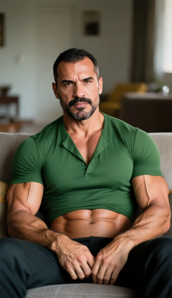 Authentic style，A strong security guard lost in the forest，坐在Stone上中，outdoor，Sitting，40 year old asian man，Looking at the camera，，Place your hands behind your body，Moustache，White beard，Short beard，（Security suits），Security suits打开，A kind expression，Kind uncle，A polite greeting，Black short hair，Very short hair，Brown skin，(Fat-wrapped muscles)，Mermaid line，Grey swimming trunks，(There's a giant oyster mushroom in my pants)，Leg hair，Thick body hair，Black body hair，Leg hair，sandals，toe，full-body shot，Real person photos，Correct anatomical shape of the limbs，Full body shot，Fine skin texture，Stone，Creek，Soft Light，Low contrast images，Highest quality，4k quality，