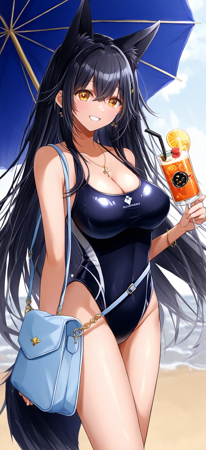 High resolution, high quality, 1 girl, anime girl, dark blue hair,ponytail,long hair,dull bangs, dark blue eyes,[[pale skin]],Glossy skin, big breasts,beautiful breasts,(big ass),beautiful butt,pink high leg water wear,squat,arm behind head,(lemon juice),(orange juice),(mango juice),(water),at the cafe,