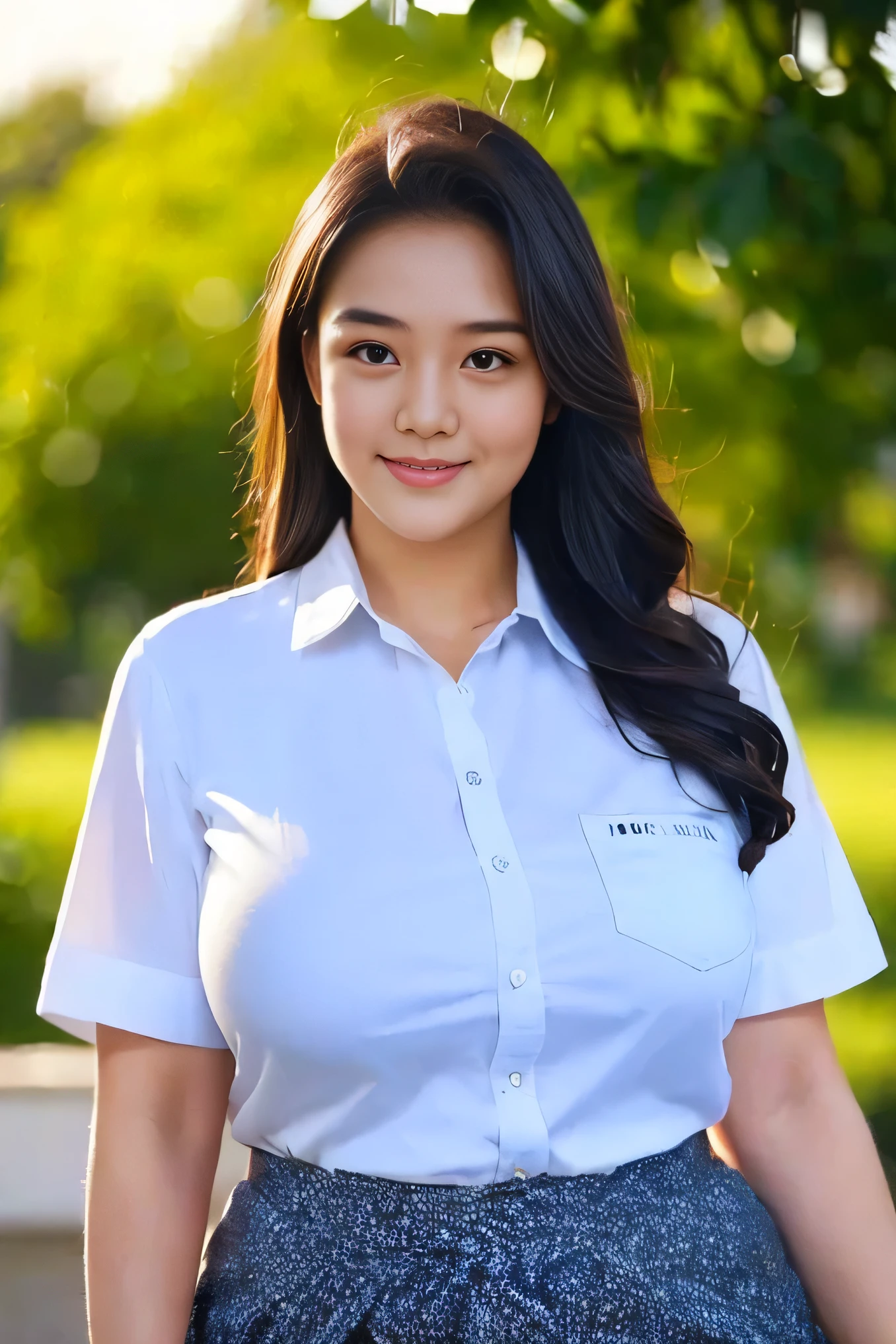 1girl, solo, 19 years old, (uniform), detailed Metropolitan city at the background, portrait, semi-thick breasts, semi-curvy body, smooth realistic skin, cute smile, white shirt, grey blue short skirt, looking at the audience, high angle shot,(8k, RAW photo, best quality, masterpiece: 1.3), (realistic, realistic: 1.37), ultra-high resolution, cowboy shot