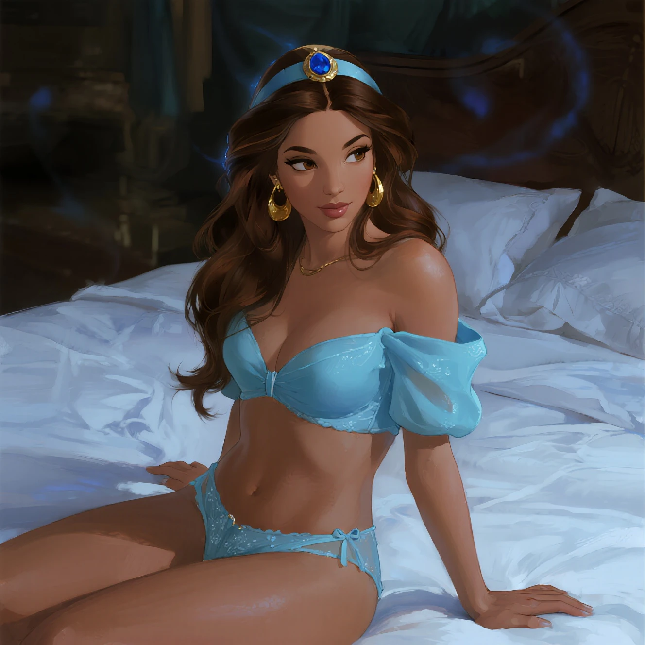 Photorealistic, raw photo, hyper detailed, detailed background, Studio lights, chromatic freak, best shadows, solo, 1 woman, Naomi Scott as jasmine princess, brown skin, brown eyes, wearing ???? Royal BLUE outfit in palace room, old Arab, shoulders showing, navel showing, lace, makeup, tight ???????, flowers, plants, shiny oily skin, lying in bed (((touching her own ??????)),  Cinematic and realistic skin texture, HDR, 8K, sharp focus, small ?????